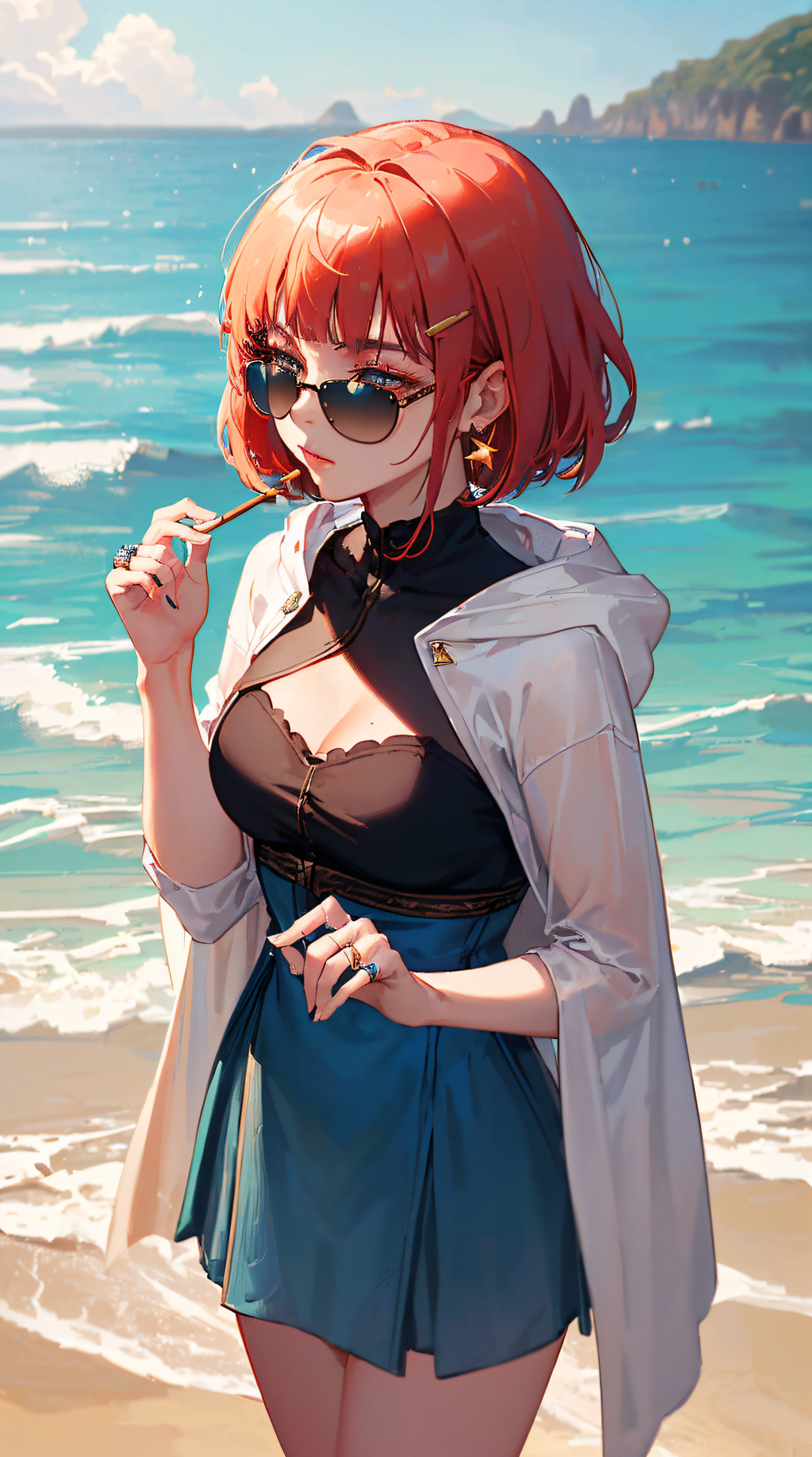 ((((summer theme,meticulous portrayal of face，1 noblewoman，a matural female，))))(blue dress long bikini，)(dark night background+,perfect background)，Prom，Court etiquette，  s the perfect face， Perfect lips， perfect  eyes,)(((oasis style,red hair,see-through cloak,large hoodie,sunglasses on head)))，((1lady,adorable korean mixed race of Saudi Arabia girl，rosto magro，Solo,smokey makeup,smug,))(Masterpiece,Best quality, offcial art, Beautiful and aesthetic:1.2),((超高分辨率,Golden ratio,)) (16k),((((coast,beach,intense shadows,strong rim light,))))((melon face，from above，1JK,ring bells,candy sticks)),(Physically-based rendering),Amazing,Sharp focus, (((highdetailskin,))),Intricately detailed clothing，red pupils,Hexagram pupils,intricate pupils,((((detailed hair|short hair|long bangs|blunt bangs)))),((Slender,))(masterpiece sidelighting),(The sheen),(beautiful hair,beautiful eyes,）[[Delicate fingers and hands:0.55]::0.85],(Detail fingers),(((Superior quality)))),((unbelievable Ridiculous,)),((extremely_Detailed_Eyes_and_face)),Movie girl,(Dynamic configuration: 1.2),Brilliant,Beautiful lady, (Photorealistic),( maple,), mitts, triangle crystal earrings, ((hairclip)), Light particles, view to the sky,  petals, Side Rock,, two-sided fabric
