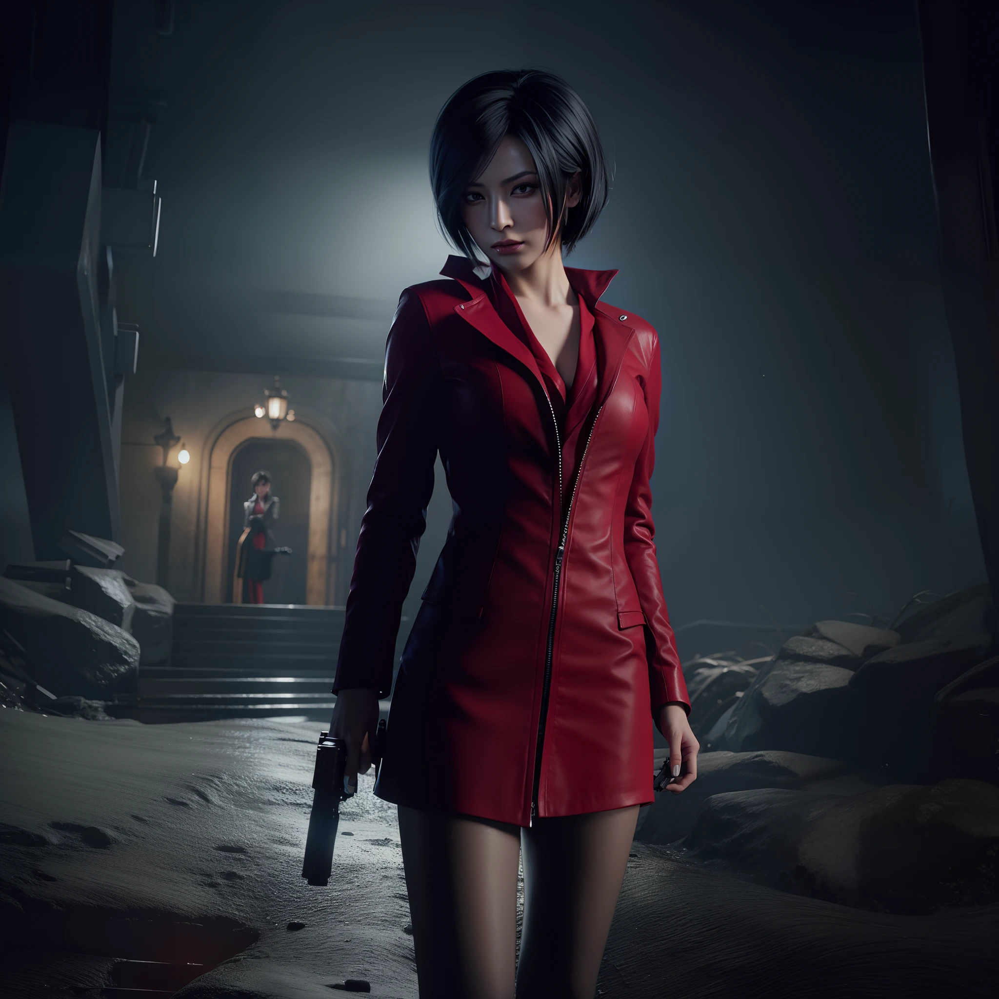 HD, ada wong, beautiful face, bob hair, red coat with black nail polish,  glare, holding a gun