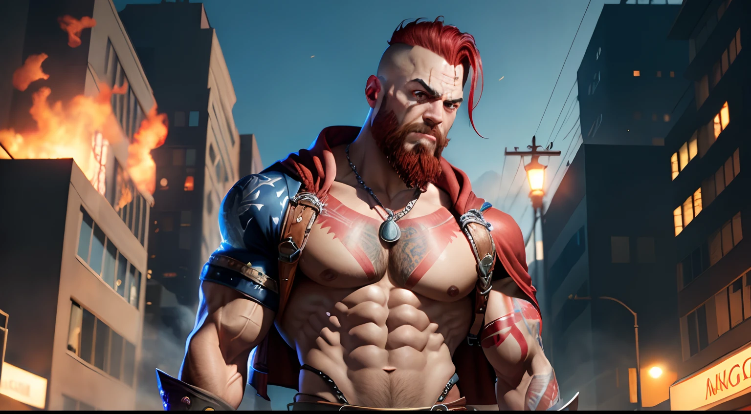 man strong, yellow eyes, very tired eyes, surgery stitches on the body, scar not nose, cabelos Red-Haireds, medium hair, katana, White tank top, defined muscles, cigar, Red-Haired,