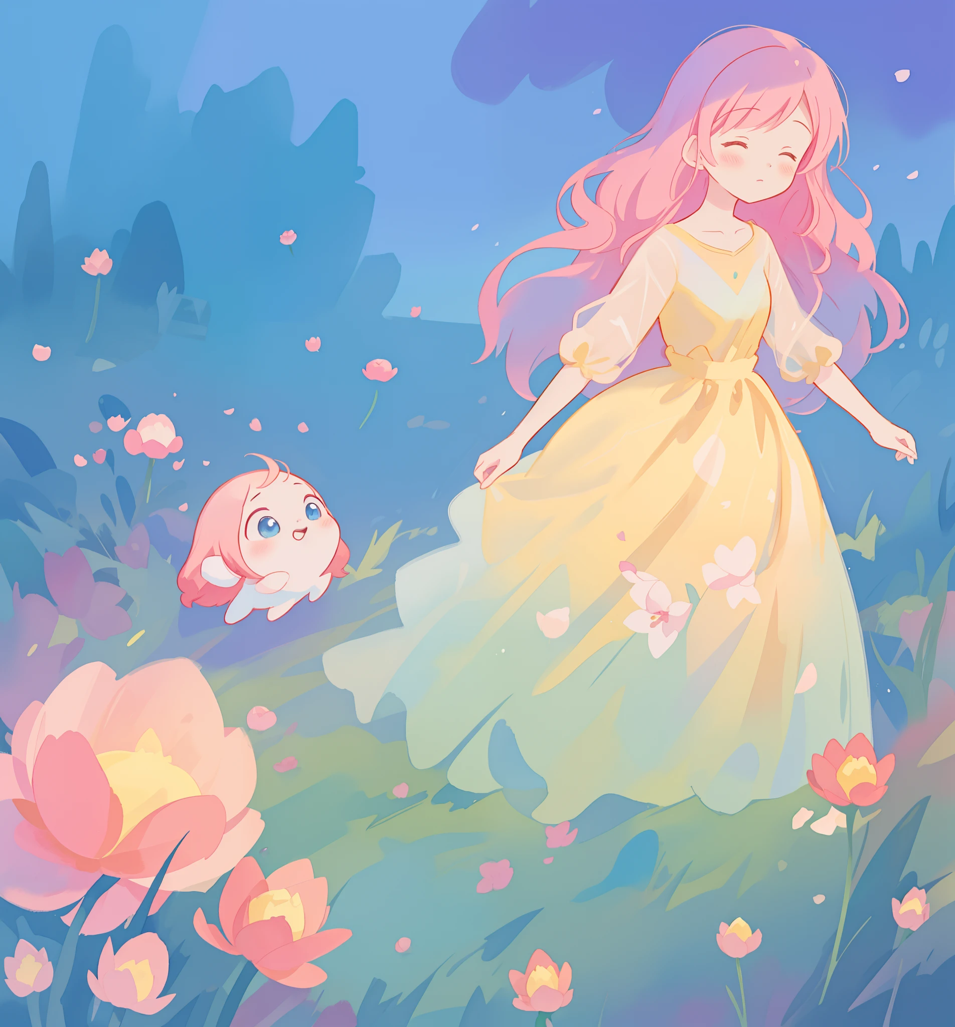 beautiful girl in puffy gradient ballgown, a field with round puffball pink flowers, otherworldly flowers, whimsical landscape, long pink flowing hair, watercolor illustration, inspired by Glen Keane, inspired by Lois van Baarle, disney art style, by Lois van Baarle, by Glen Keane, jen bartel, digital painting, beautiful digital illustration, fantasia otherworldly landscape plants flowers, beautiful, masterpiece, best quality, anime disney style