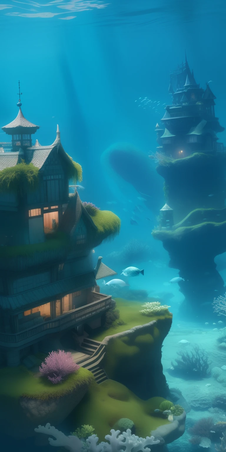 Cor (fantasia: 1.2), (Estilo Hayao Miyazaki), (Irregular building floating under the sea), casas de retalhos, Moss decorations, coral, Luzes, arte conceitual inspirada em Andreas Rocha, Vencedor do concurso Artstation, arte de fantasia, (underwater city), Tran Ross, eixos leves, realistic lighting, master part, alta qualidade, graphics beautiful, High detail, master part, alta qualidade, graphics beautiful, High detail,