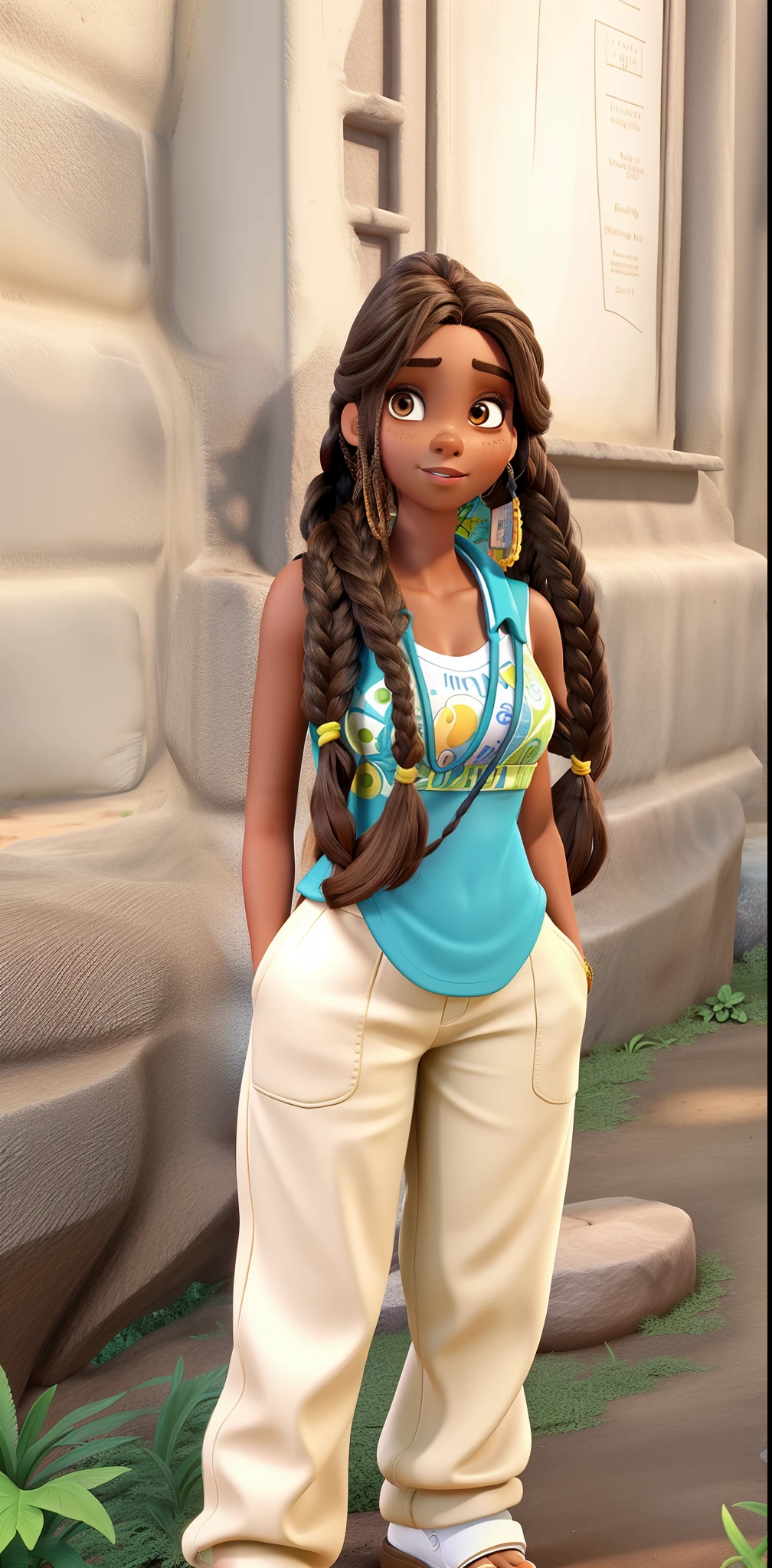 A brunette woman with braids hair, olhos preto, magra, corpo inteiro, Pixar World Style Jungle Setting, Disney, alta qualidade