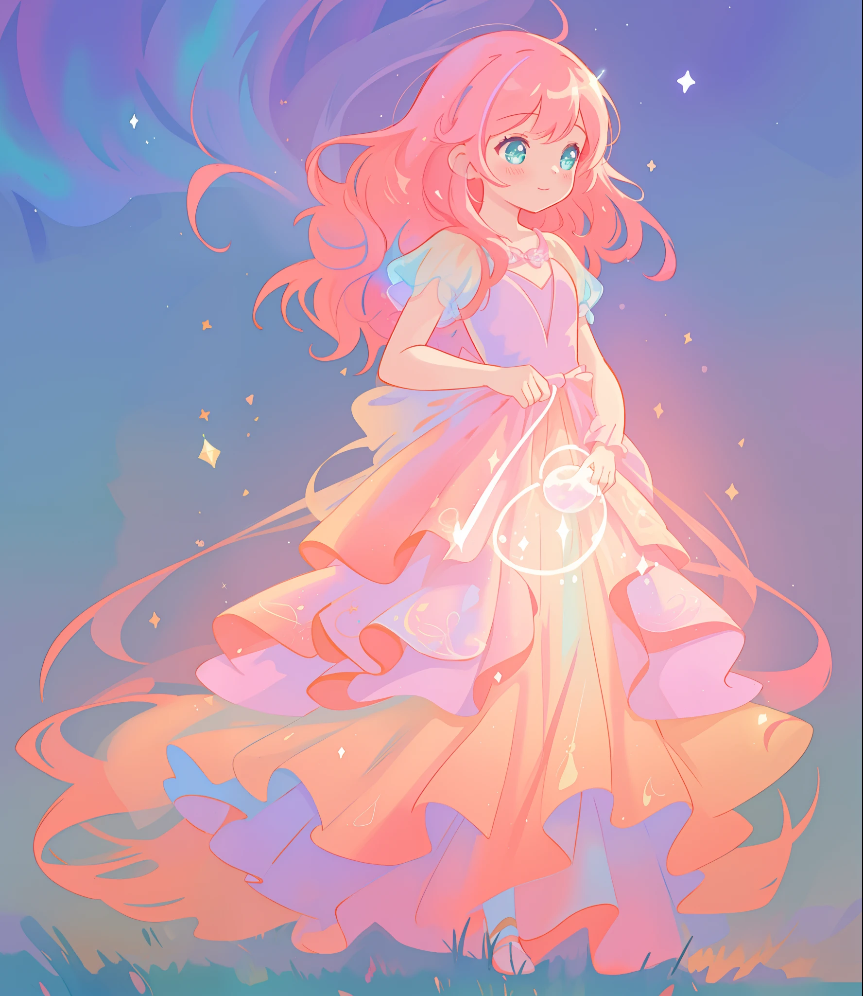 beautiful girl, ((puffy shimmering multi-layered ballgown)), vibrant pastel colors, (colorful), long flowing hair, magical lights, sparkling magical liquid, inspired by Glen Keane, inspired by Lois van Baarle, disney art style, by Lois van Baarle, glowing aura around her, by Glen Keane, jen bartel, glowing lights! digital painting, flowing glowing hair, glowing flowing hair, beautiful digital illustration, fantasia background, whimsical, magical, fantasy, ((masterpiece, best quality)), intricate details, highly detailed, sharp focus, 8k resolution, sparkling detailed eyes, liquid watercolor