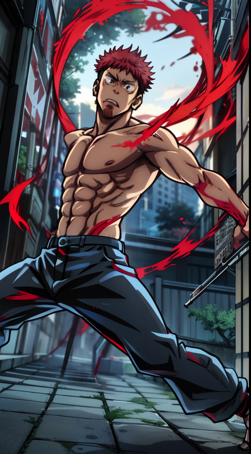 itadori_yuuji, Personaje de anime con cabello rojo y torso sin camisa en una ciudad, Ichigo Kurosaki, Badass Anime 8K, Chico guapo en el arte de Demon Slayer, Shikanosuke Yagaki, Jujutsu Kaisen, inspired by Ryūsei Kishida, advanced digital anime art ”, Trabajos de hoja ilimitados, Pose ruda, inspirado por Iwao Takamoto