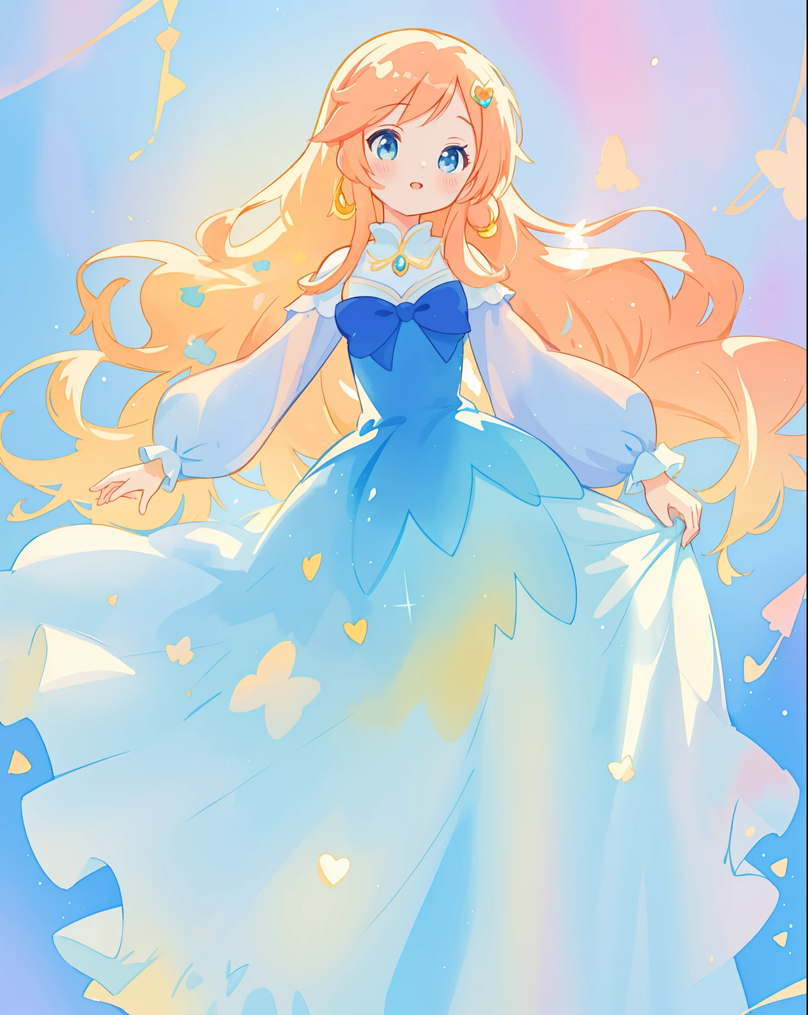 beautiful girl in gradient blue princess ballgown with puffy long sleeves, long flowing gold peach hair, liquid theme, colorful fantasia background, watercolor illustration, disney art style, beautiful digital illustration, beautiful, masterpiece, best quality, anime disney style, beautiful face