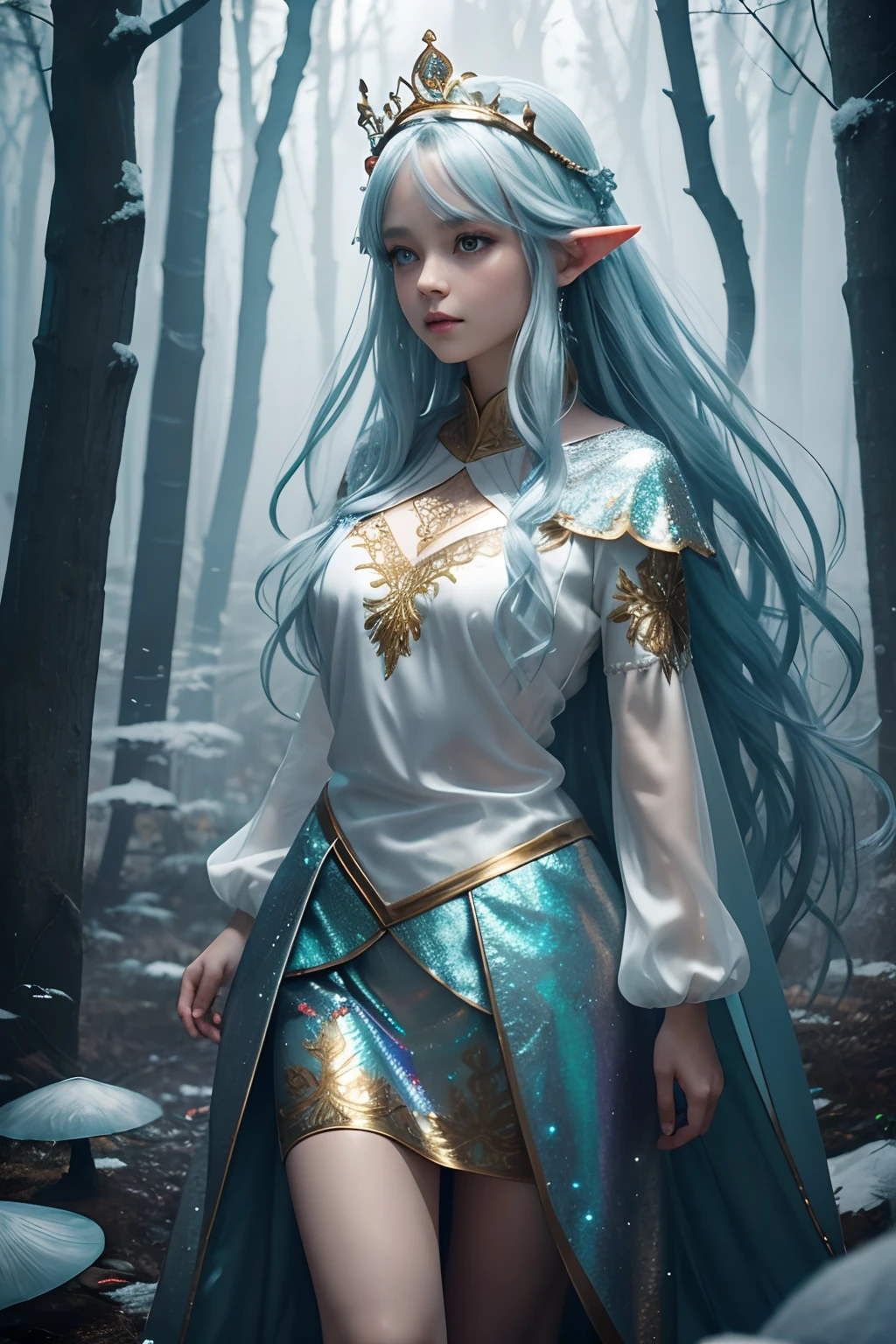 Fairy princess, snow, ice, icy breath, mist breath, cotton, ice blue, rings, skin, 24k As the mist settles over the swamp, a holographic gold and filigree silver portrait emerges, perfectly shaped and polished to perfection. An full body shot of an Elfgirl wearing a subtle autumn multi-color skirt shaped like a mushroom, on her head she wears a crown of autumn leaves twigs and flowers, in a plush autumn forest clearing which is the forest shimmers with an almost faint bioluminescents, dark as night, a lighted forest clearing at evening 8k