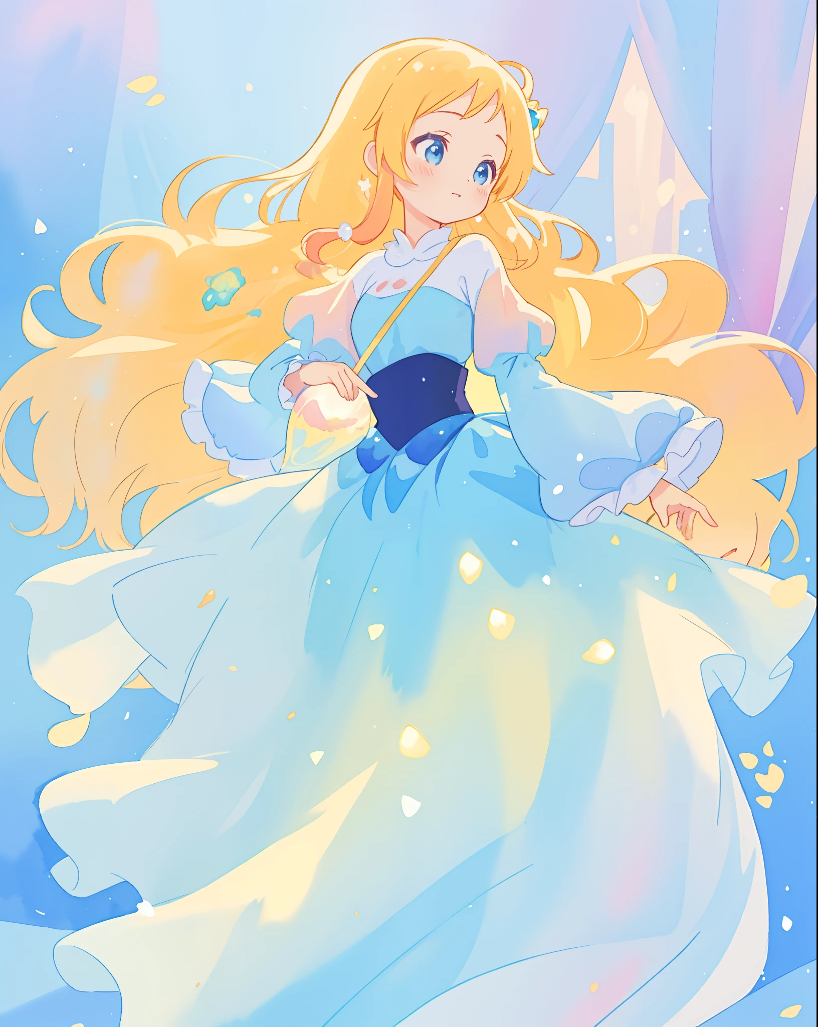 beautiful girl in gradient blue princess ballgown with puffy long sleeves, long flowing gold peach hair, liquid theme, colorful fantasia background, watercolor illustration, disney art style, beautiful digital illustration, beautiful, masterpiece, best quality, anime disney style, beautiful face