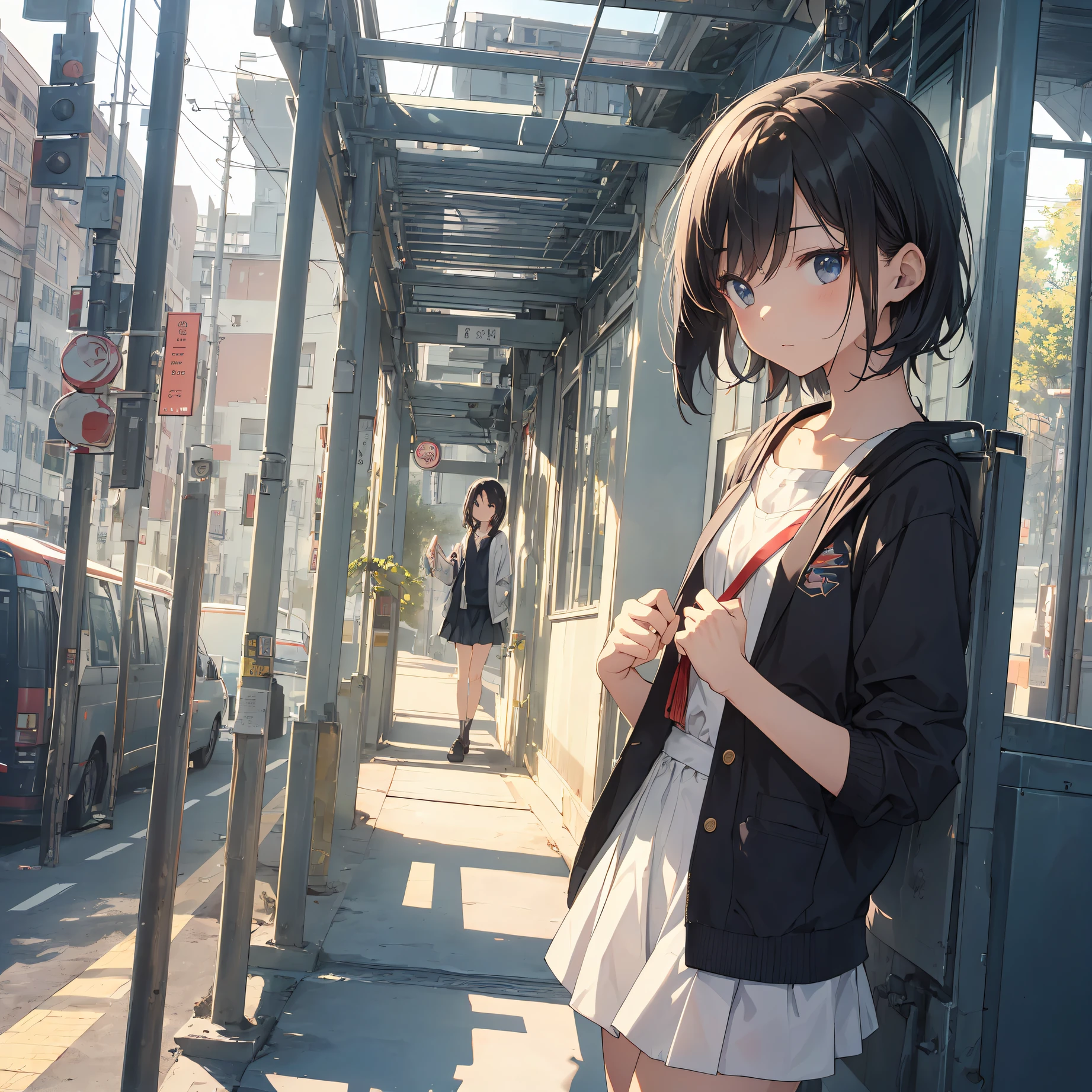 Portrait, Documentary, Photo, A girl is 13-year-old gender-neutral middle school student with short black hair and small chest, walking on the school commute route with a tired expression, Short hair, School uniform, skirt, School commute route, High quality, Realistic, Eye-level shot, Medium shot, Front view, Natural lighting, School commute,break,1girl, (Solo,Loli face,13-year-old:1.5),a junior high school student, androgynous charm, (Very Short hair), flat chest, Small butt, Beautiful detailed black eyes, disgusted eye,break,((top quality,anime style, ultra-detailed,high resolution,extremely detailed CG,unity 8k wallpaper,by famous artist,perfect ,super detailed skin,cinematic lighting)),