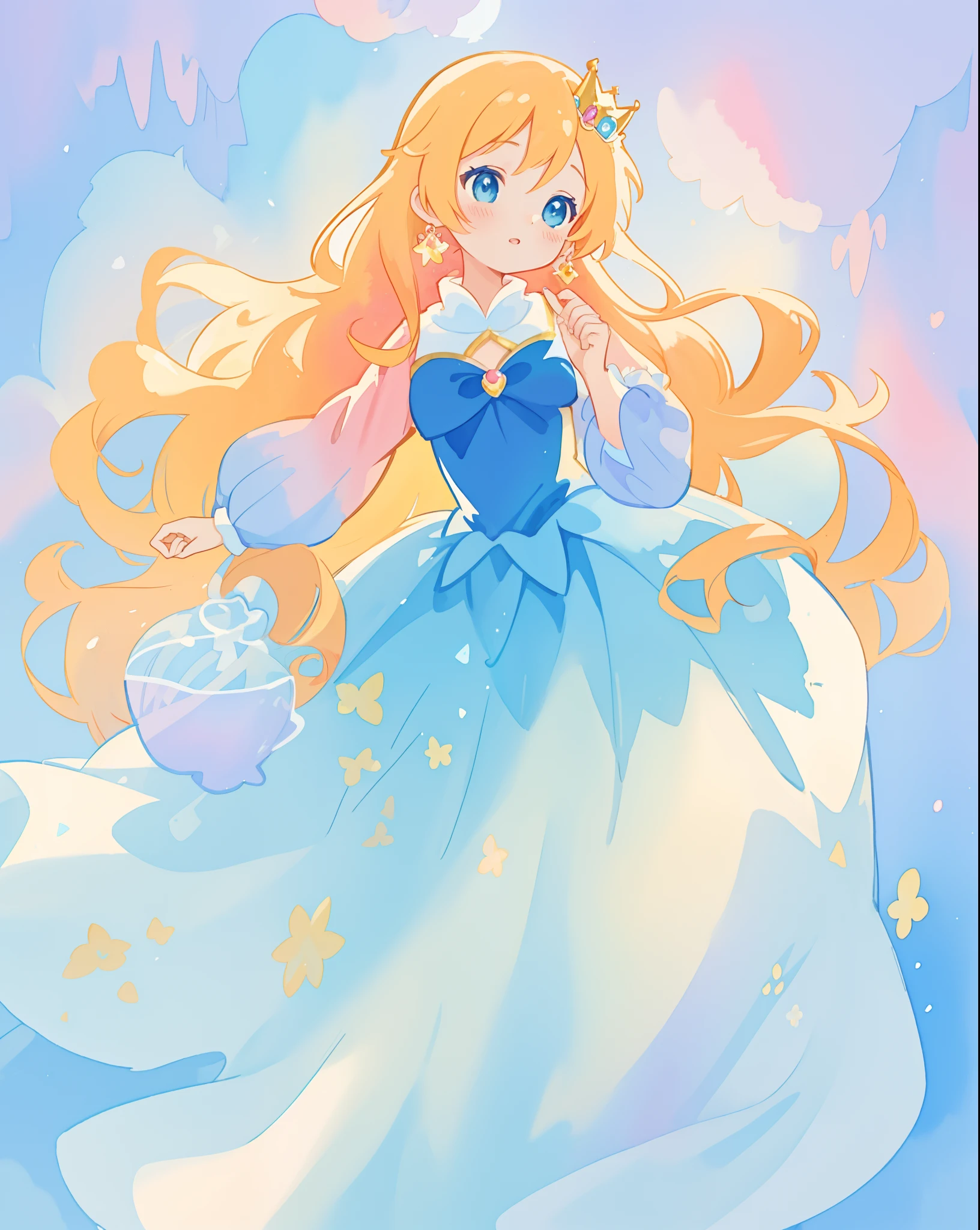 beautiful girl in gradient blue princess ballgown with puffy long sleeves, long flowing gold peach hair, liquid theme, colorful fantasia background, watercolor illustration, disney art style, beautiful digital illustration, beautiful, masterpiece, best quality, anime disney style, beautiful face