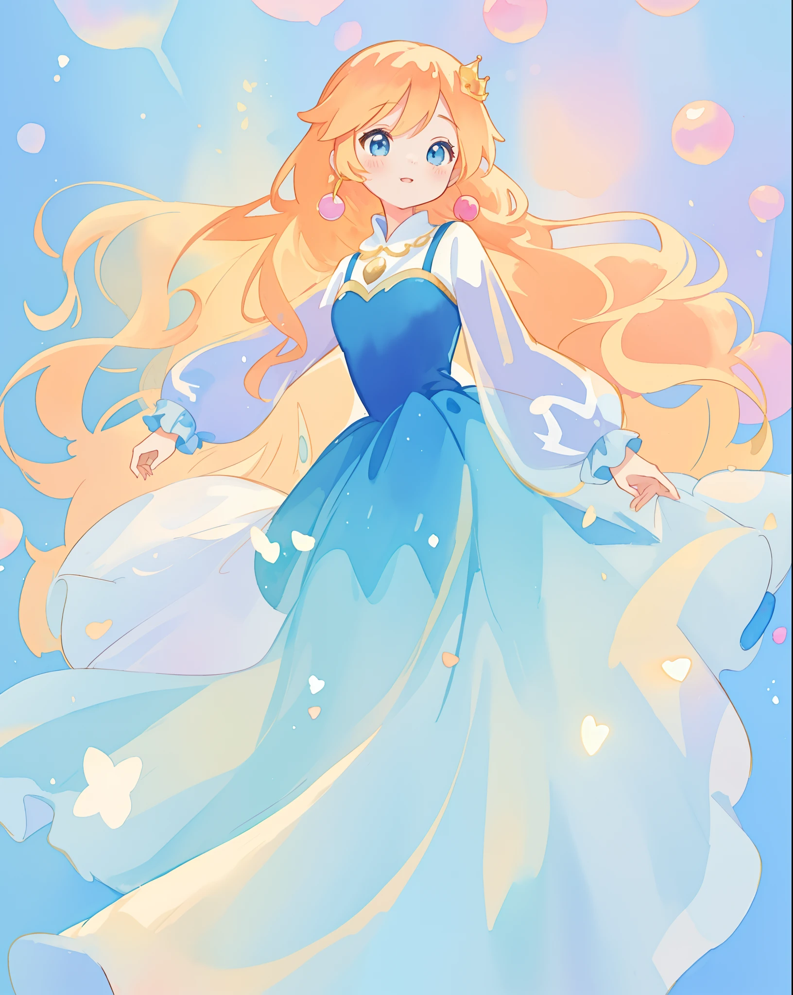 beautiful girl in gradient blue princess ballgown with puffy long sleeves, long flowing gold peach hair, liquid theme, colorful fantasia background, watercolor illustration, disney art style, beautiful digital illustration, beautiful, masterpiece, best quality, anime disney style, beautiful face