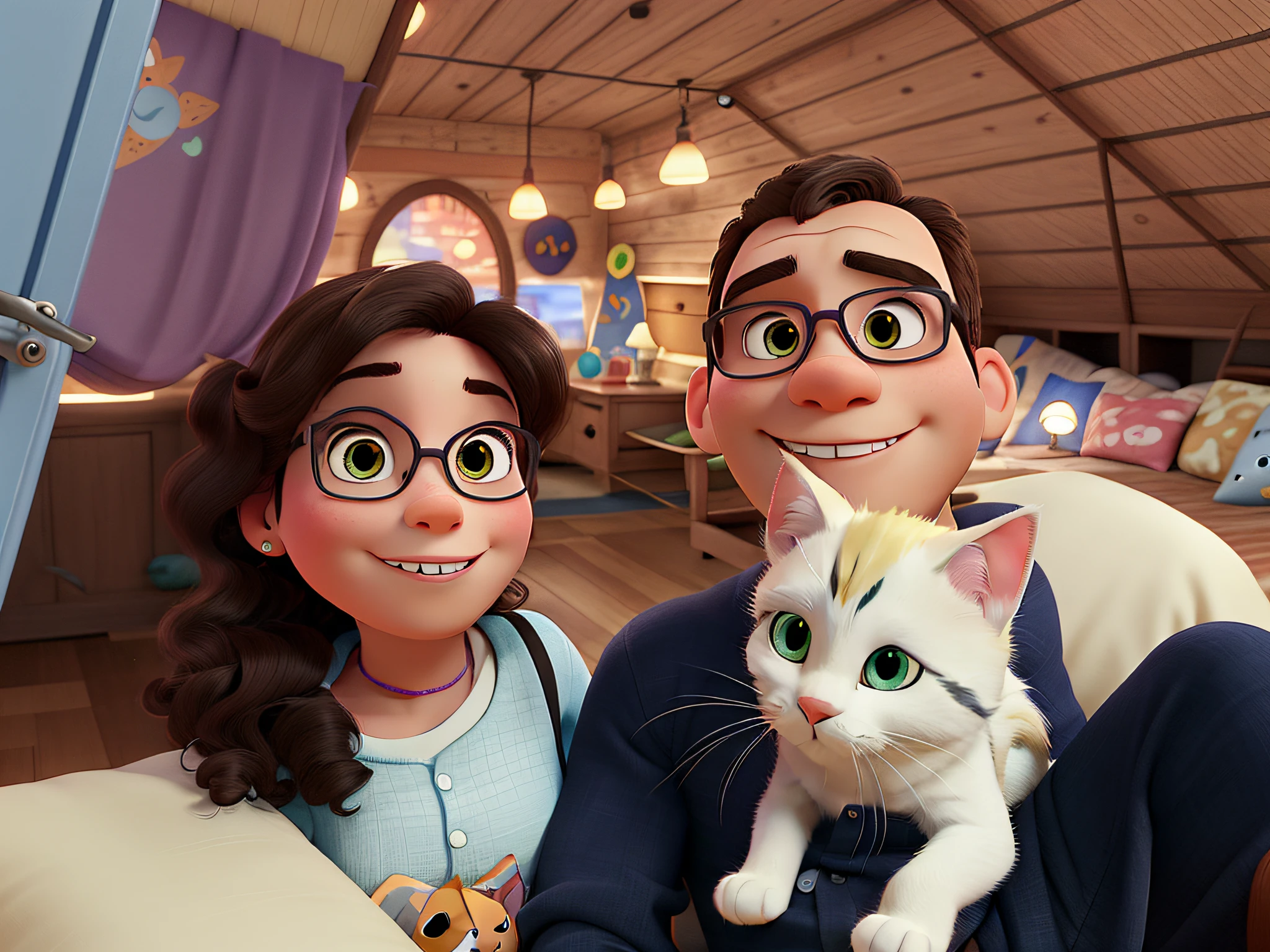 A disney pixar style couple with their pet kitten