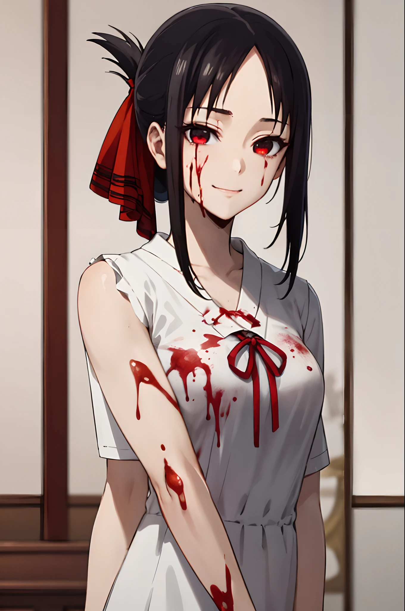 best quality, (masterpiece:1.2), detailed,
shinomiya kaguya,
1girl, solo, closed mouth, light smile,
black hair, red eyes, short hair, folded ponytail, hair ribbon, no sleeve, red ribbon,
standing, looking at the viewer, medium breasts,((upper body)), ((((blood, evil, cruel girl, dominant))))