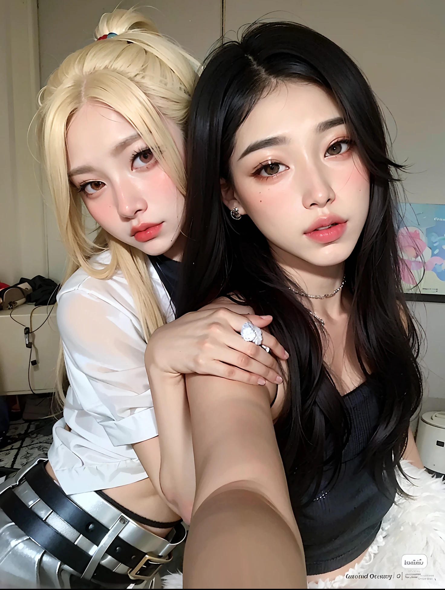 duas mulheres com cabelos loiros e tops pretos posando para uma foto, Ulzzang, cruel korean goth girl, com preto, Nixeu e Sakimichan, pale porcelain white skin, pixivs e junji ito, pale skin and dark eyes, com cabelos longos brancos, ava max, with pale skin, maquiagem sul-coreana popular, very very pale blond hair