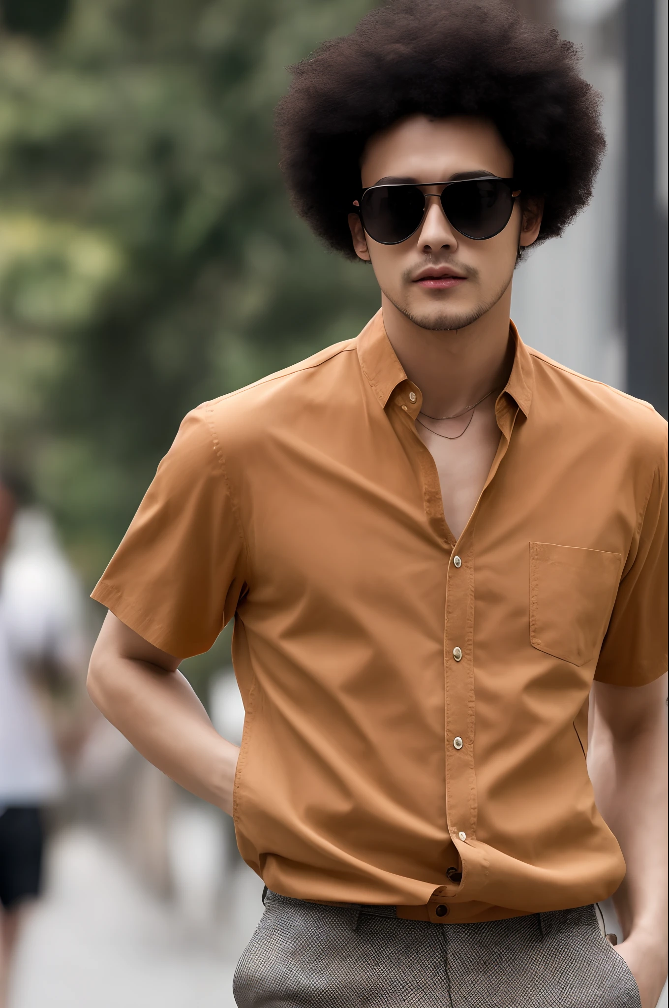 A man with slightly dark skin and a good gatai、Blonde and voluminous afro、Inverted triangle sunglasses with white rims and black lenses、Blue clothes with short sleeves with open chest、Black pants with jagged hems、Brown leather shoes、Chest hair and shin hair are visible