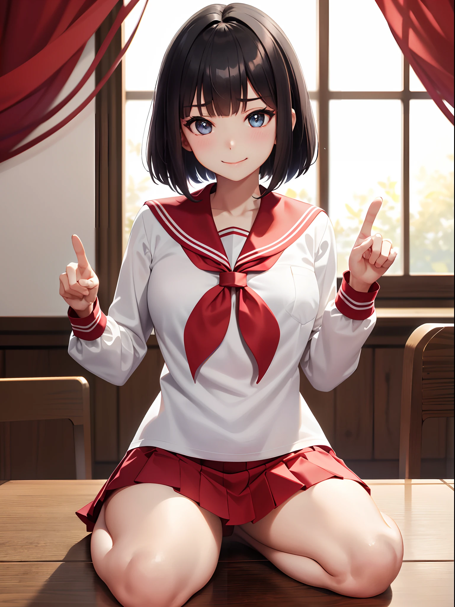 ahegao silly / Sexual ecstasy)、appreciate、Bow、Seiza, (Solo: 1.3), (Illustrations: 1.3), (Best Quality: 1.3), (outline: 1.2), (official concept art: 1.2), (dynamic pose and angle: 1.6), (Looking at Viewer: 1.4), (4k wallpaper: 1.2), (limited tone: 1.8), (Cinematic Light: 1.2), (nffsw: 1.1), (all intricate: 1.2), (Flat color: 1.7), (In the classroom: 2.0),
(Beautiful detailed eyes: 1.5), tareme,
18 years old, (Smile: 1.5),
bob cuts、Blunt bangs, Straight hair, Floating hair, (Red Sailor Scarf: 1.3),
Large breasts,
Take off your uniform, (White Seravuk and long-sleeved shirt: 1.3), 鎖骨, Pleated skirt, Sailor collar, lowfers,