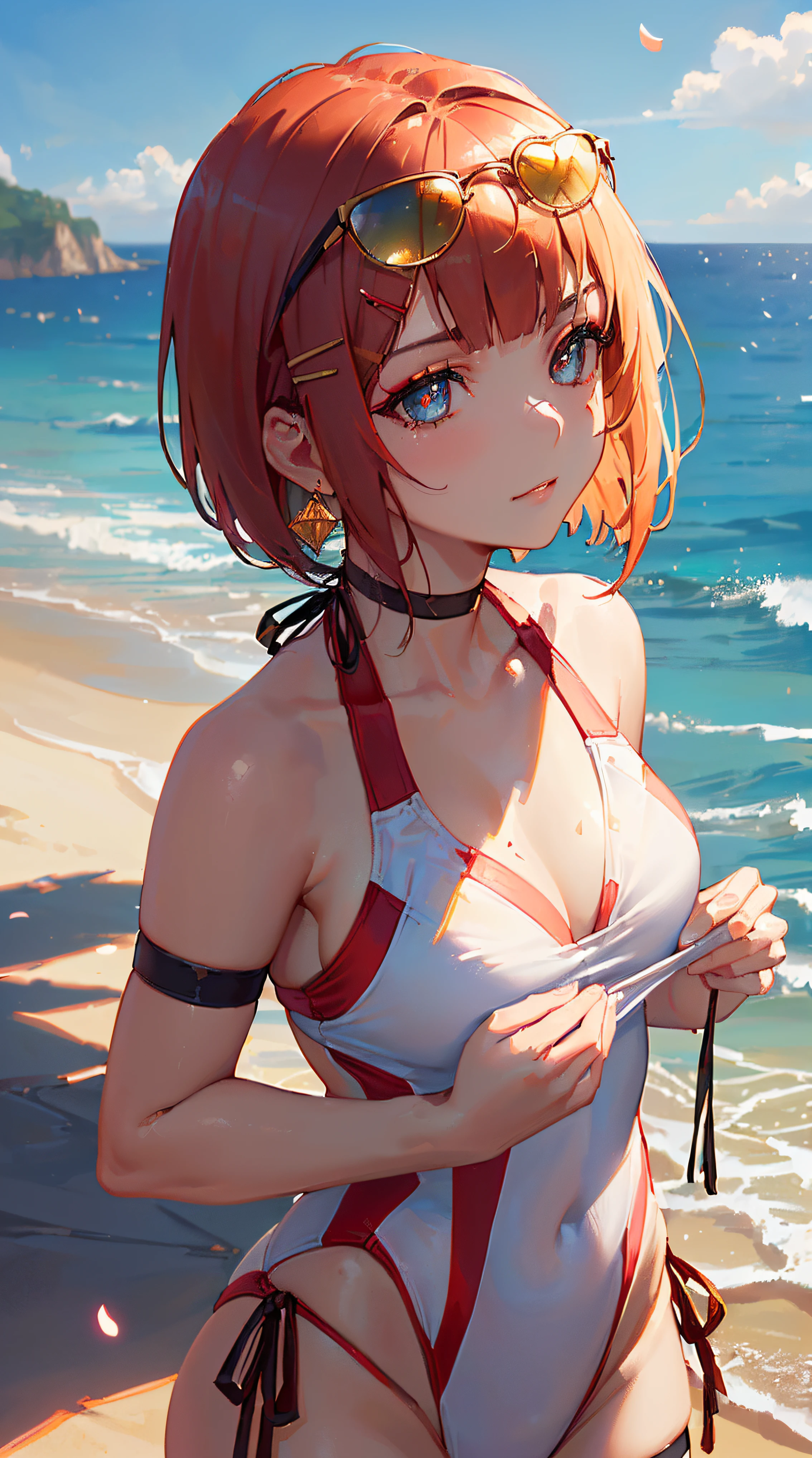 ((((summer theme,meticulous portrayal of face，1 noblewoman，a matural female)))),(dark night background+,perfect background)，Prom，Court etiquette，  s the perfect face， Perfect lips， perfect  eyes,)(((coast style,red hair,white competition swimsuit,no bra,eyewear on head,thigh strap)))，((1lady,adorable korean mixed race of Saudi Arabia girl，rosto magro，Solo,smokey makeup,smug,))(Masterpiece,Best quality, offcial art, Beautiful and aesthetic:1.2),((超高分辨率,Golden ratio,)) (16k),((((coast,beach,intense shadows,strong rim light,))))((melon face，from above，1JK)),(Physically-based rendering),Amazing,Sharp focus, (((highdetailskin,))),Intricately detailed clothing，red pupils,Hexagram pupils,intricate pupils,((((detailed hair|short hair|long bangs|blunt bangs)))),((Slender,))(masterpiece sidelighting),(The sheen),(beautiful hair,beautiful eyes,）[[Delicate fingers and hands:0.55]::0.85],(Detail fingers),(((Superior quality)))),((unbelievable Ridiculous,)),((extremely_Detailed_Eyes_and_face)),Movie girl,(Dynamic configuration: 1.2),Brilliant,Beautiful lady, (Photorealistic),( maple,), mitts, triangle crystal earrings, ((hairclip)), Light particles, view to the sky,  petals, Side Rock,, two-sided fabric