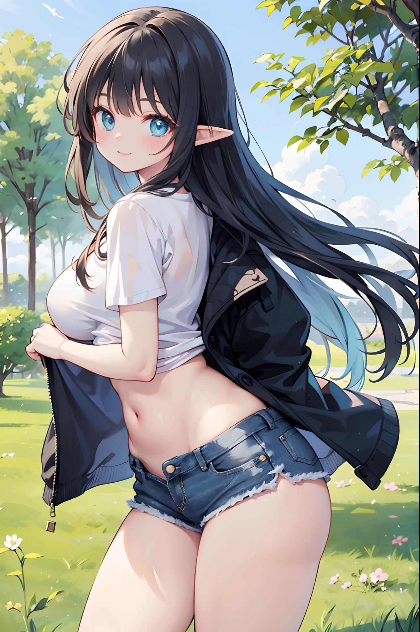 Realistic and detailed image of an elf. Dressed in a Cardigan coat and baggy t-shirt. Denim mini shorts. Long, silky black hair and long eyelashes. Turquoise eyes. Large breasts, slim waist, very wide hips and thick thighs. Smiling. Arched back. Posing sensually. Park with sakura trees. Volumetric light. Ambient light.