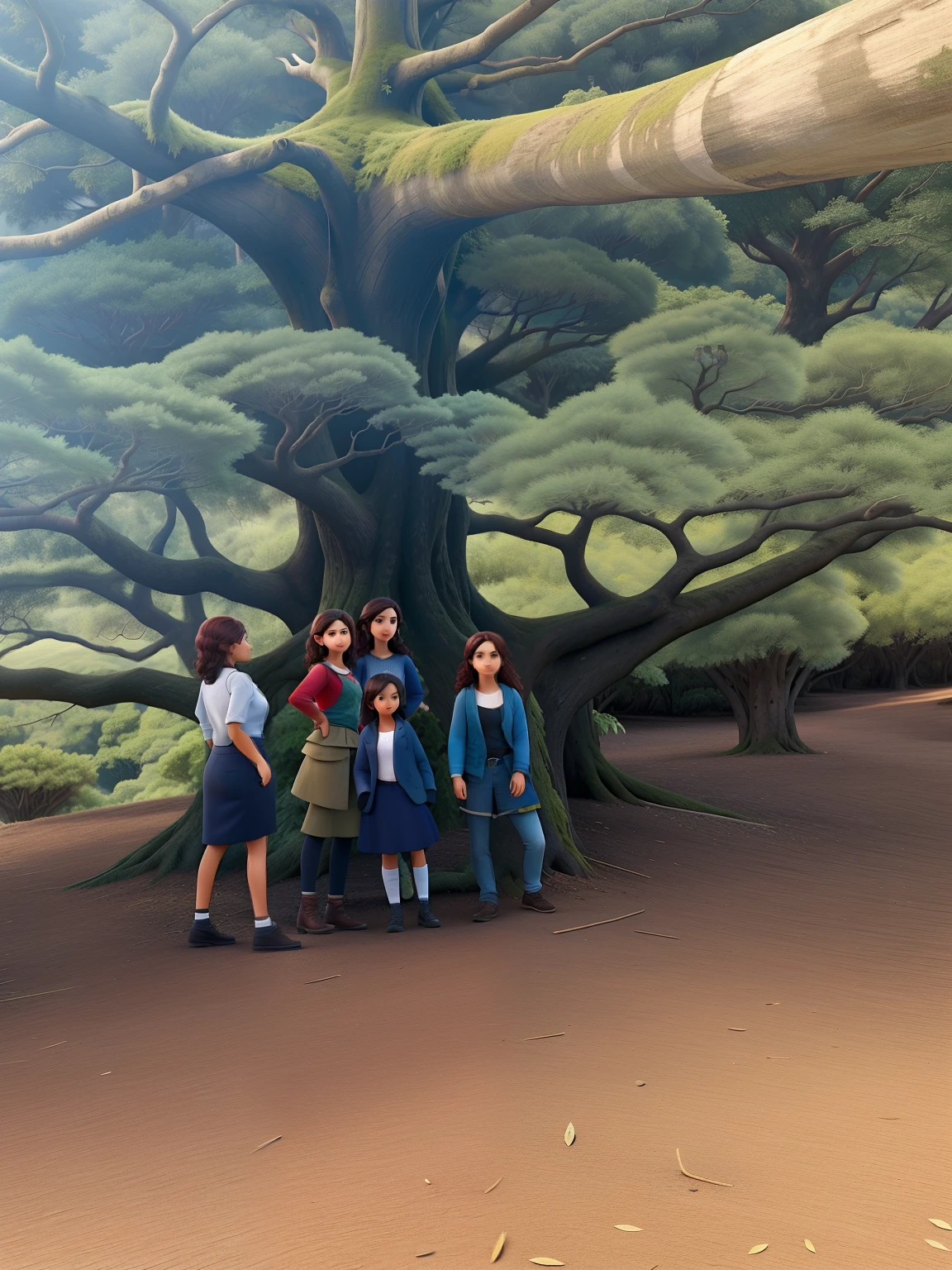 Four women in the front and one man standing in the back. Todos embaixo de uma gra de arvore