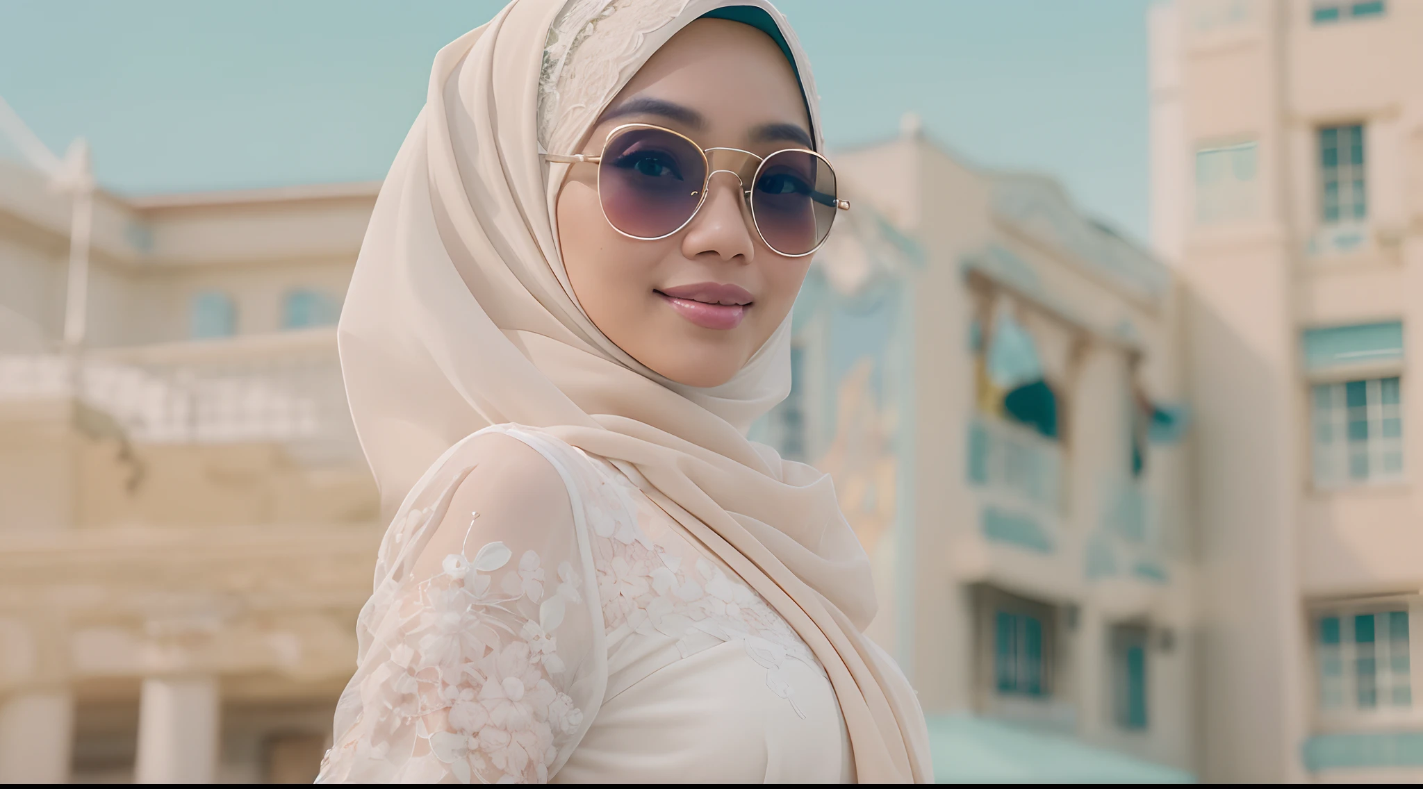 (masterpiece, best quality:1.2), cowboy shot, solo, 1 malay girl, smile, looking at viewer, hand on hip,pastel color hijab, eyewear on head, white floral lace bra, High Waist Plicated Detail white Suit Pants, style raw, pastel color grading, Super 8mm lense, establishing shot, Deep Focus cinematography effect