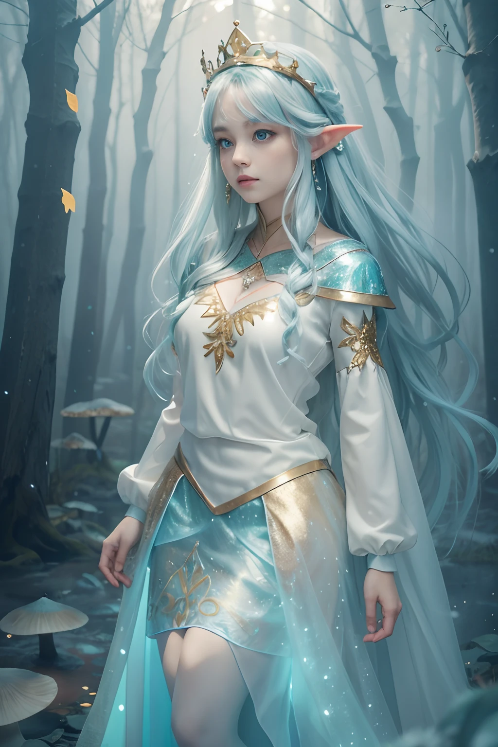 Fairy princess, snow, ice, icy breath, mist breath, cotton, ice blue, rings, skin, 24k As the mist settles over the swamp, a holographic gold and filigree silver portrait emerges, perfectly shaped and polished to perfection. An full body shot of an Elfgirl wearing a subtle autumn multi-color skirt shaped like a mushroom, on her head she wears a crown of autumn leaves twigs and flowers, in a plush autumn forest clearing which is the forest shimmers with an almost faint bioluminescents, dark as night, a lighted forest clearing at evening 8k