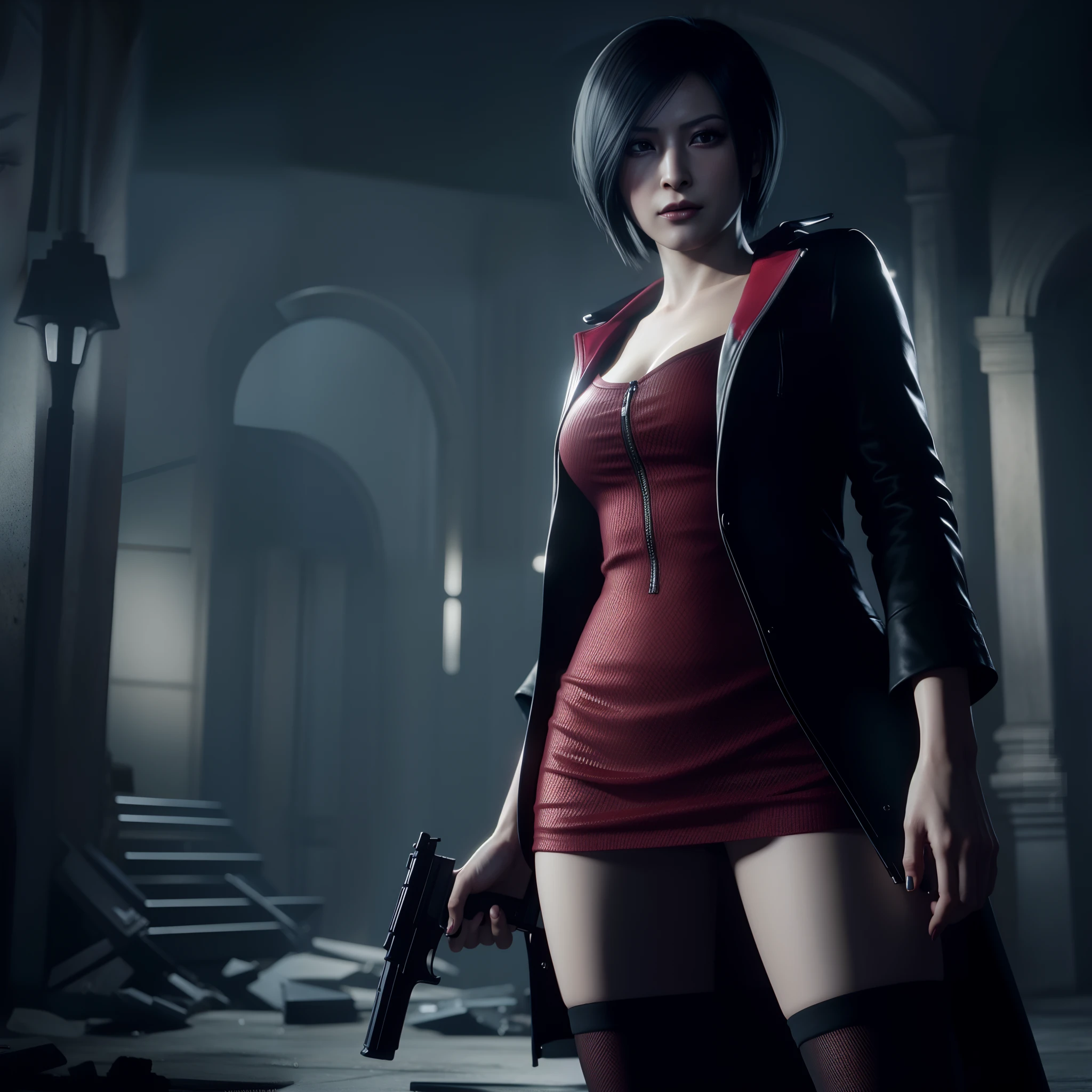 HD, ada wong, beautiful face, bob hair, red coat with black nail polish,  glare, holding a gun