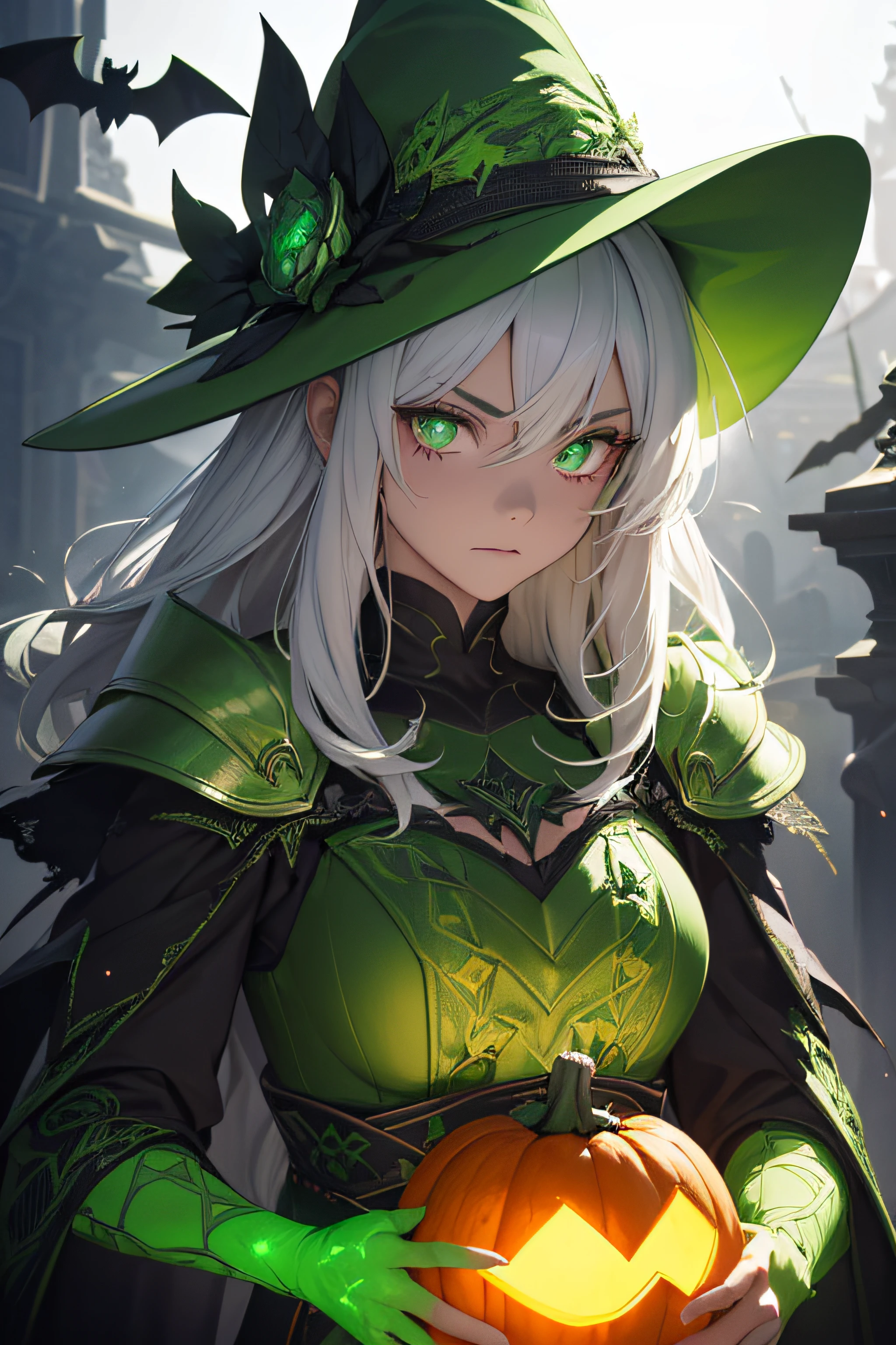 (a man in green armor,a neon sword,white hair,a green witch hat, Halloween theme with pumpkins, detailed bats in red, HD)>
(best quality,4k,highres,masterpiece:1.2),ultra-detailed,realistic>
(portraits,horror,concept artists)>
(green materials,3D renderings)>
(detailed armor pieces, shiny surface, intricate engravings)>
(fierce expression, glowing eyes)>
(with menacing aura, dark background)>
(green fog, eerie atmosphere)>
(white hair flowing in the wind)>
(green witch hat with spider web patterns)>
(Halloween decorations, pumpkins, candles)>
(detailed bats with vibrant red wings)>
(reflective surface on the sword, neon glow)>
(subtle shadows emphasizing the details)>
(vivid colors, saturated greens and deep reds)>
(dramatic lighting, focused on the character)>