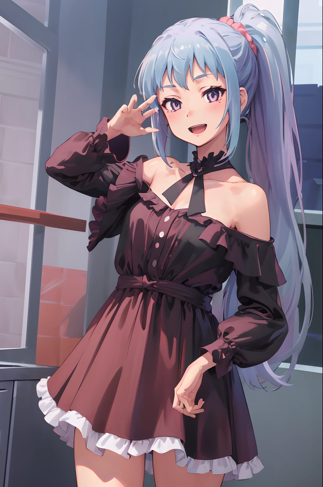 ((masterpiece)), (best quality), official art, extremely detailed CG, unity 8k wallpaper, ultra detailed, highly detailed, detailed background, vivid color, 
1girl, saki kawasaki, ponytail, scrunchie, smile, happy, open mouth, 
Ruffled off-the-shoulder dress with a high-low hem,