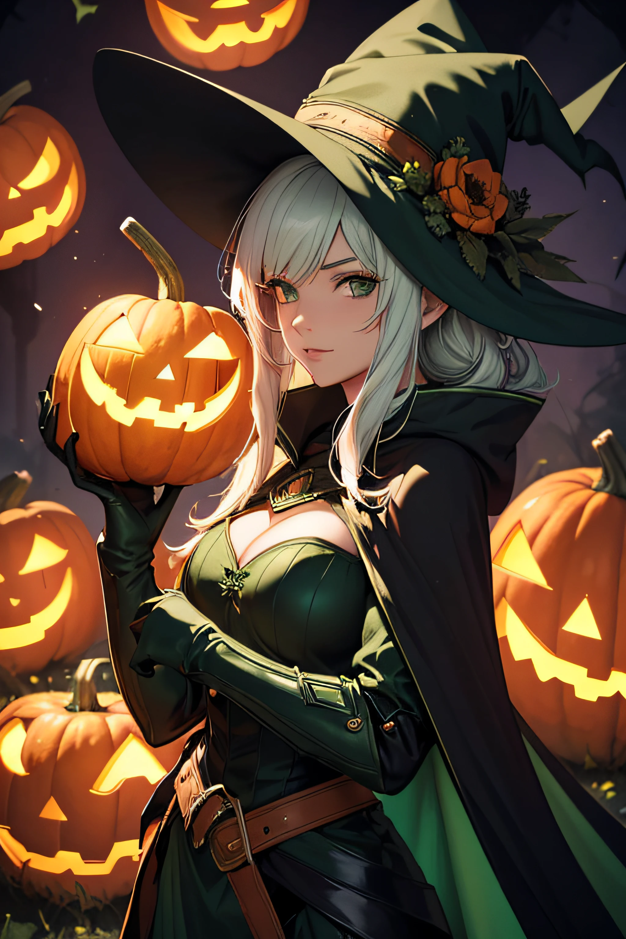 (best quality, highres),woman in green armor,black cape,green witch hat,white hair,pumpkins, Halloween theme,holding a sword neon,and some bats with red details