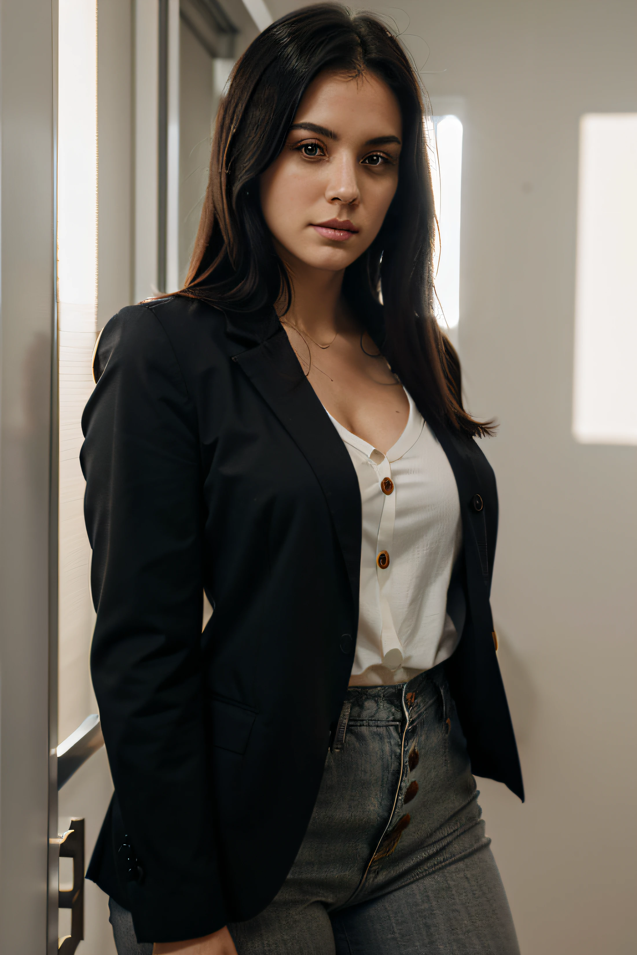 white women, thick body type, straight black hair 4 inches past her shoulders, wearing a professional blazer and button up t-shirt