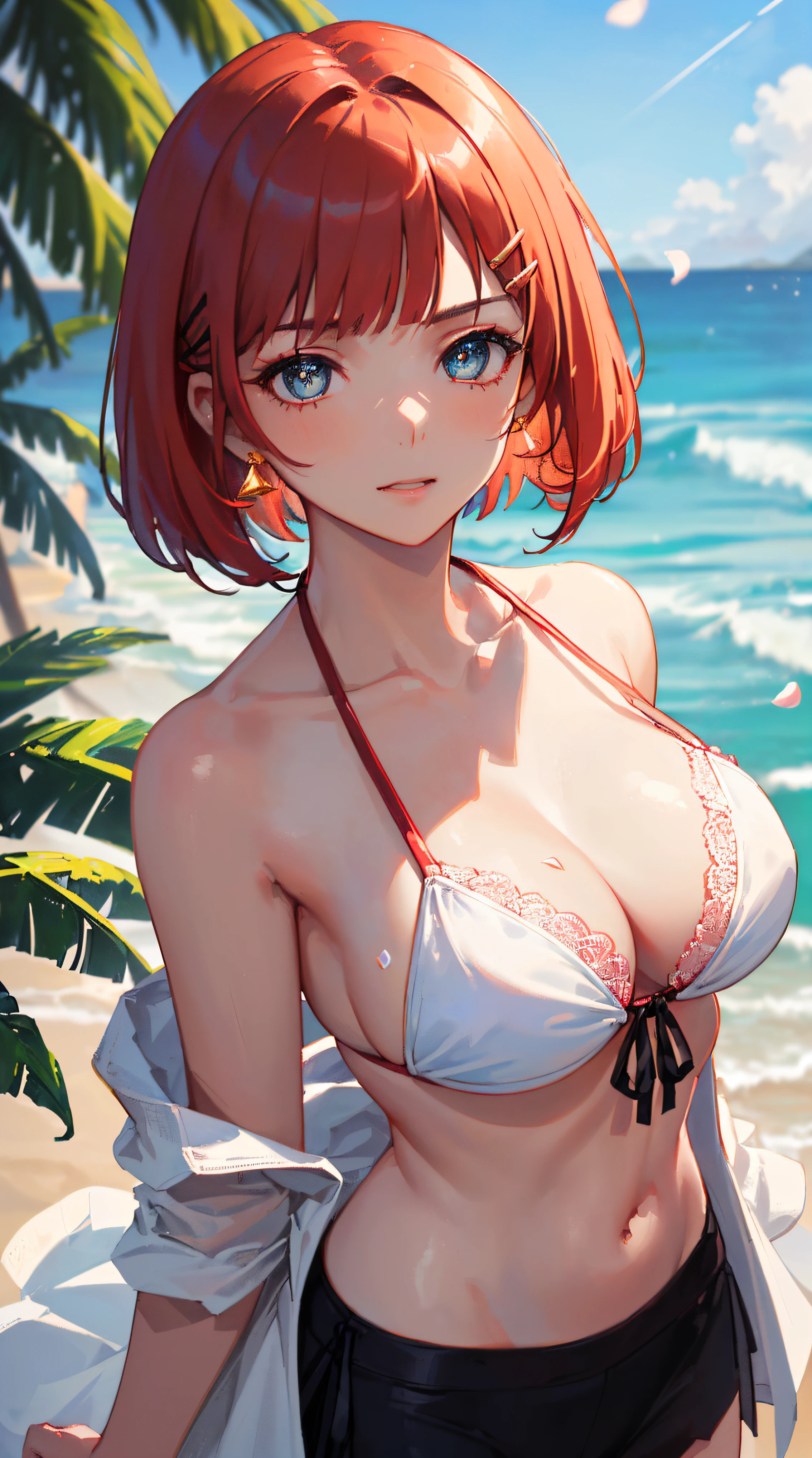 ((((summer theme,meticulous portrayal of face，1 noblewoman，a matural female)))),(dark night background+,perfect background)，Prom，Court etiquette，  s the perfect face， Perfect lips， perfect  eyes,)(((coast style,red hair,large white labcoat,no bra,lace-trimmed legwear,side - tie bikini bottom)))，((1lady,adorable korean mixed race of Saudi Arabia girl，rosto magro，Solo,simple makeup,smug,))(Masterpiece,Best quality, offcial art, Beautiful and aesthetic:1.2),((超高分辨率,Golden ratio,)) (16k),((((coast,beach,intense shadows,strong rim light,))))((melon face，from above，1JK)),(Physically-based rendering),Amazing,Sharp focus, (((highdetailskin,))),Intricately detailed clothing，red pupils,red hair,Hexagram pupils,intricate pupils,((((detailed hair|short hair|long bangs|blunt bangs)))),((Slender,))(masterpiece sidelighting),(The sheen),(beautiful hair,beautiful eyes,）[[Delicate fingers and hands:0.55]::0.85],(Detail fingers),(((Superior quality)))),((unbelievable Ridiculous,)),((extremely_Detailed_Eyes_and_face)),Movie girl,(Dynamic configuration: 1.2),Brilliant,Beautiful lady, (Photorealistic),( coconut trees,), mitts, triangle crystal earrings, ((hairclip)), Light particles, view to the sky,  petals, Side Rock,, two-sided fabric