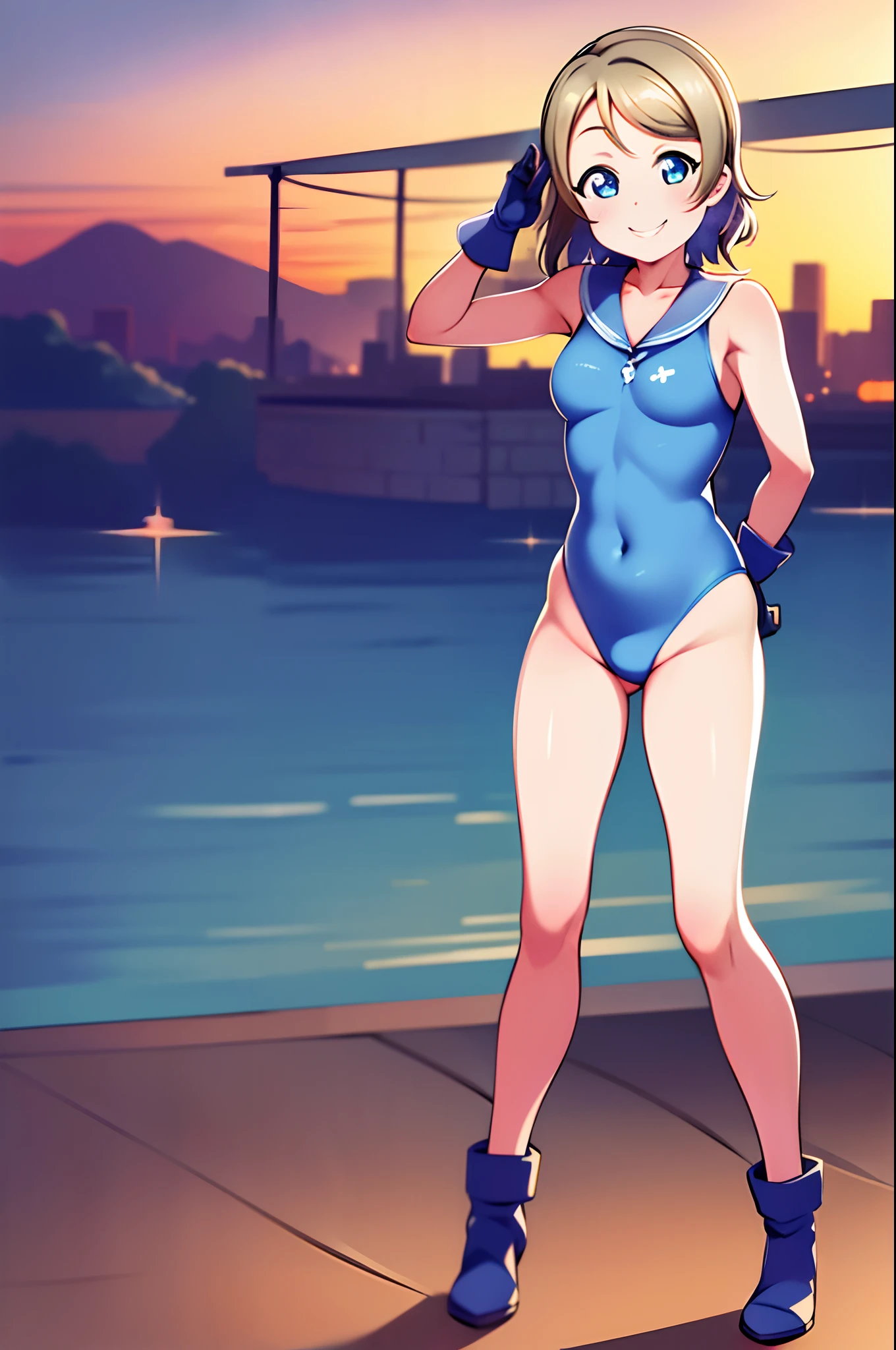 watanabe you, masterpiece, best quality, highres, 1girl, solo, superhero, leotard, bare legs, boots, matching boots, sleeveless, gloves, matching gloves, looking at viewer, city backdrop, blue and white leotard, standing, hands on hip, full body shot, smile, glowing body, solo, single