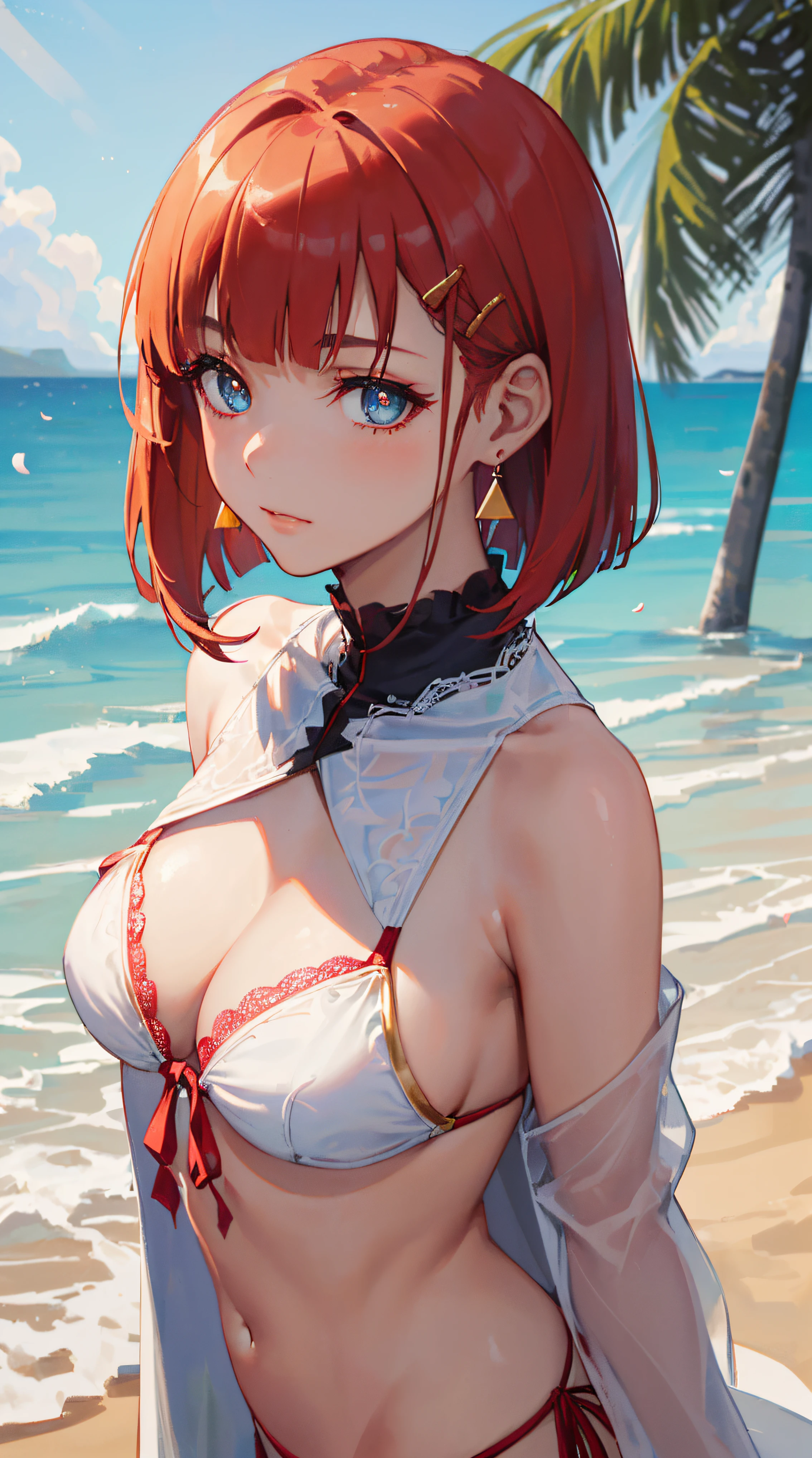 ((((summer theme,meticulous portrayal of face，1 noblewoman，a matural female)))),(dark night background+,perfect background)，Prom，Court etiquette，  s the perfect face， Perfect lips， perfect  eyes,)(((coast style,red hair,large white labcoat,no bra,lace-trimmed legwear,side - tie bikini bottom)))，((1lady,adorable korean mixed race of Saudi Arabia girl，rosto magro，Solo,simple makeup,smug,))(Masterpiece,Best quality, offcial art, Beautiful and aesthetic:1.2),((超高分辨率,Golden ratio,)) (16k),((((coast,beach,intense shadows,strong rim light,))))((melon face，from above，1JK)),(Physically-based rendering),Amazing,Sharp focus, (((highdetailskin,))),Intricately detailed clothing，red pupils,red hair,Hexagram pupils,intricate pupils,((((detailed hair|short hair|long bangs|blunt bangs)))),((Slender,))(masterpiece sidelighting),(The sheen),(beautiful hair,beautiful eyes,）[[Delicate fingers and hands:0.55]::0.85],(Detail fingers),(((Superior quality)))),((unbelievable Ridiculous,)),((extremely_Detailed_Eyes_and_face)),Movie girl,(Dynamic configuration: 1.2),Brilliant,Beautiful lady, (Photorealistic),( coconut trees,), mitts, triangle crystal earrings, ((hairclip)), Light particles, view to the sky,  petals, Side Rock,, two-sided fabric