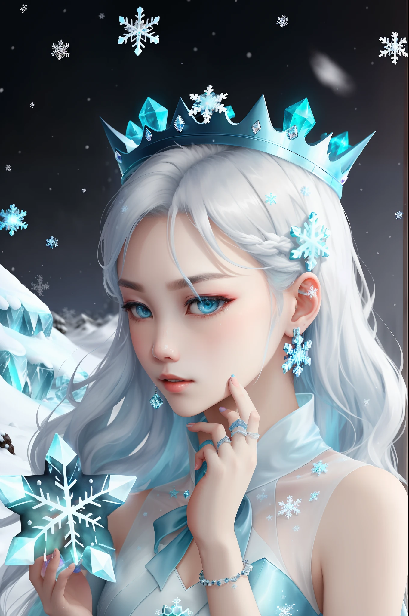 An ice princess,He wears a blue crown,His hair is white,It's a bit grayish,A little silvery,In short, it must be advanced,Then his face was colder,He's more high-definition,He is clear and jade,Feel his eyes too,hm,Light blue is enough,He wears a long dress,And then there is also the design of the ice and snow element,And then it's all light blue, too,And then his high heels he wore high heels,His high heels should be like crystal diamonds,And then there's the kind of snowflakes too,It's that his snowflakes have to have a kind of Brin Bulling feeling。And then what,He wears a ring on his hand,He'll call her Ice Beauty,That's what it feels like you draw for me,And then it is,His skin is like a cold white skin。