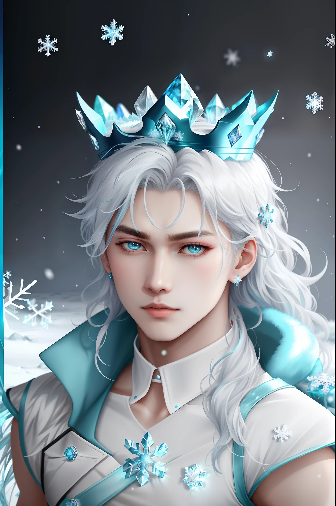 An ice princess,He wears a blue crown,His hair is white,It's a bit grayish,A little silvery,In short, it must be advanced,Then his face was colder,He's more high-definition,He is clear and jade,Feel his eyes too,hm,Light blue is enough,He wears a long dress,And then there is also the design of the ice and snow element,And then it's all light blue, too,And then his high heels he wore high heels,His high heels should be like crystal diamonds,And then there's the kind of snowflakes too,It's that his snowflakes have to have a kind of Brin Bulling feeling。And then what,He wears a ring on his hand,He'll call her Ice Beauty,That's what it feels like you draw for me,And then it is,His skin is like a cold white skin。
