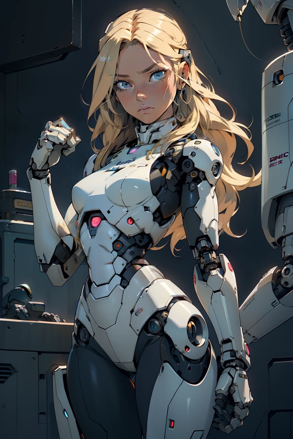 high quality, 4k, masterpiece, beautiful, cyborg girl, cowboy shot, dull eyes, looking at viewer, long blonde hair, girl, small breasts, thick thigh, robotic arms, robotic body, cyborg body, intricate detail, joint, detailed lines, robitic detail, holding fist up, holding hand up as fist, color robotic parts, robotic parts with color