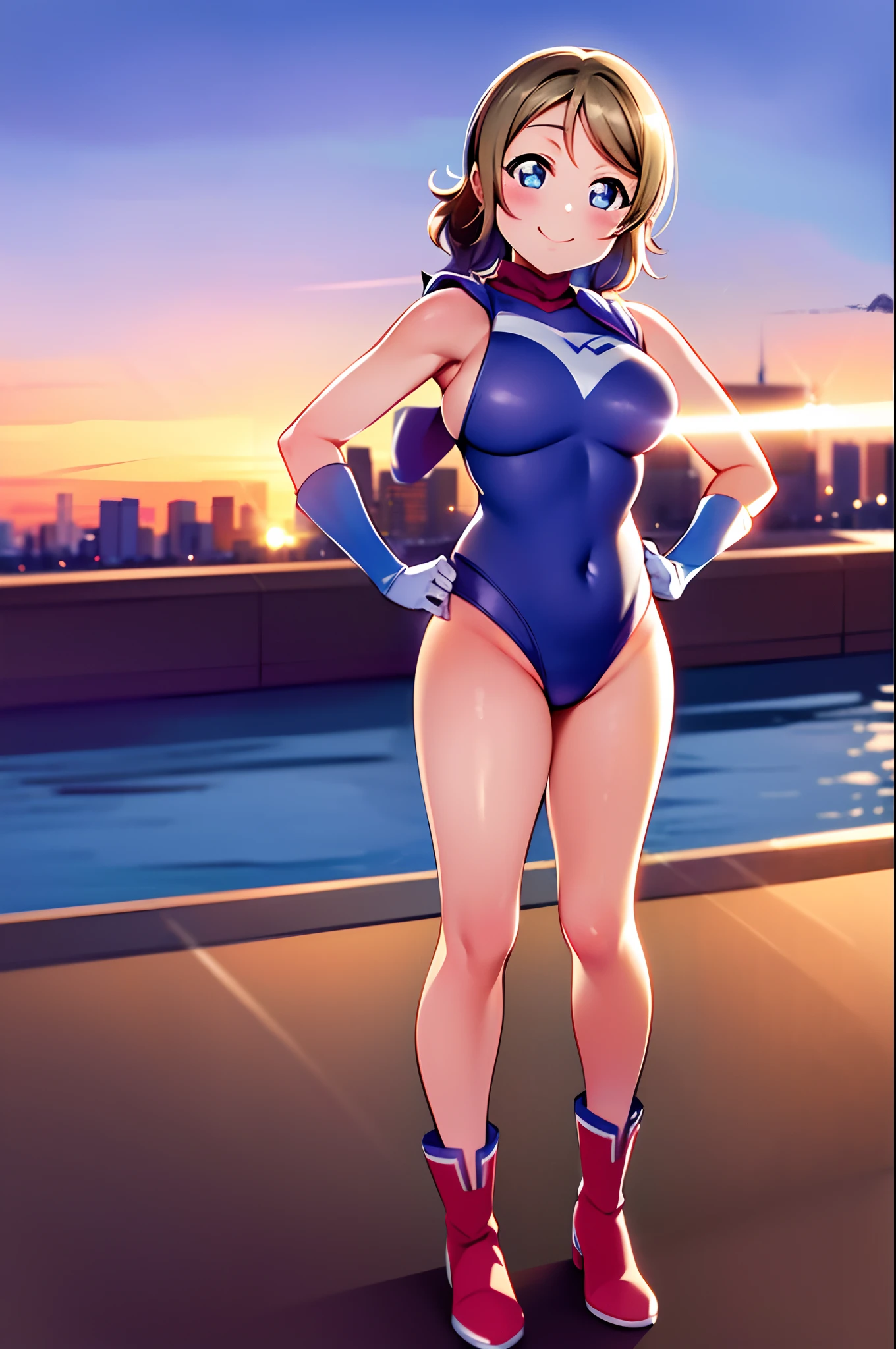 watanabe you, masterpiece, best quality, highres, 1girl, solo, superhero, leotard, bare legs, boots, matching boots, sleeveless, gloves, matching gloves, looking at viewer, city backdrop, blue and white leotard, standing, hands on hip, full body shot, smile, glowing body, solo, single
