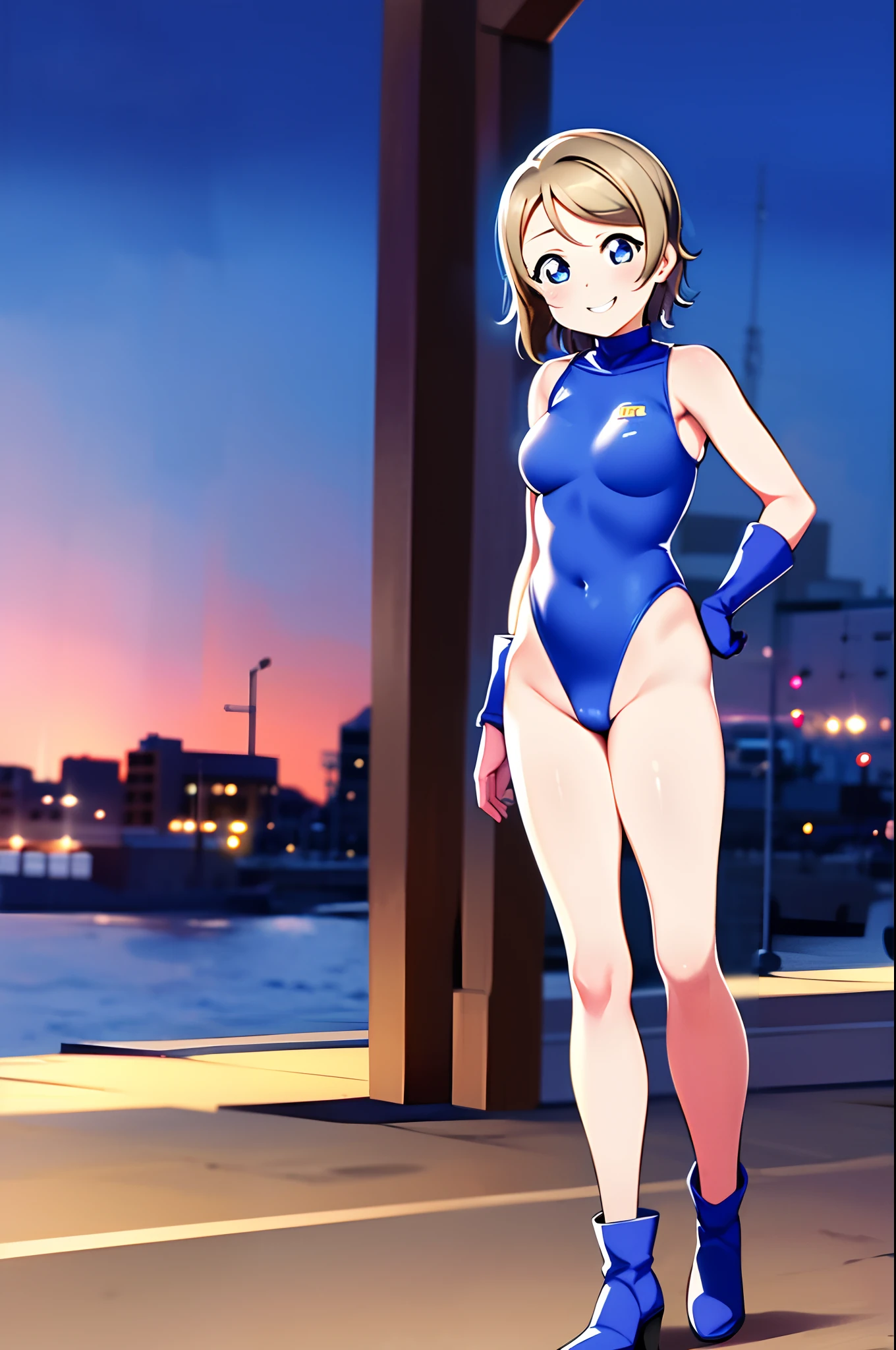 watanabe you, masterpiece, best quality, highres, 1girl, solo, superhero, leotard, bare legs, boots, matching boots, sleeveless, gloves, matching gloves, looking at viewer, city backdrop, blue and white leotard, standing, hands on hip, full body shot, smile, glowing body