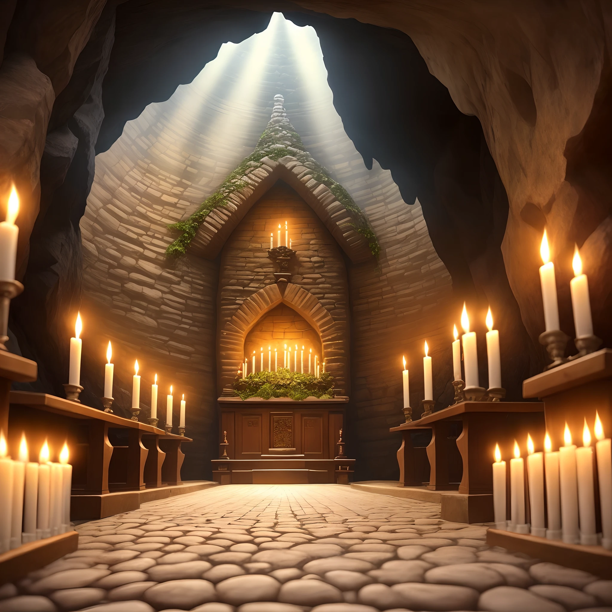 A place of worship in a cave。It is pale and illuminated by a small number of wax candles。The floor is paved with cobblestones.。