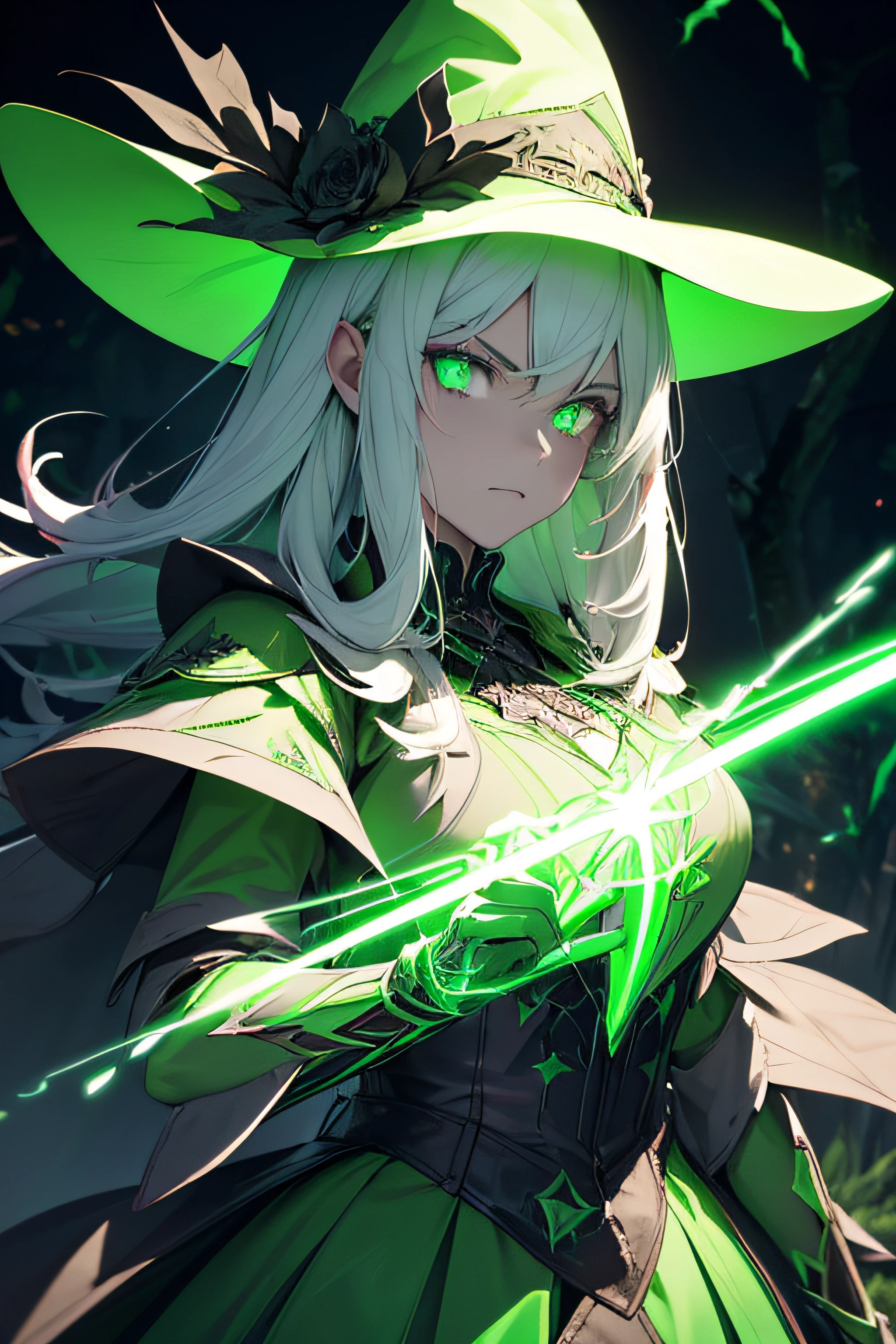 (a man in green armor,a neon sword,white hair,a green witch hat, Halloween theme with pumpkins, detailed bats in red, HD)> (best quality,4k,highres,masterpiece:1.2),ultra-detailed,realistic> (portraits,horror,concept artists)> (green materials,3D renderings)> (detailed armor pieces, shiny surface, intricate engravings)> (fierce expression, glowing eyes)> (with menacing aura, dark background)> (green fog, eerie atmosphere)> (white hair flowing in the wind)> (green witch hat with spider web patterns)> (Halloween decorations, pumpkins, candles)> (detailed bats with vibrant red wings)> (reflective surface on the sword, neon glow)> (subtle shadows emphasizing the details)> (vivid colors, saturated greens and deep reds)> (dramatic lighting, focused on the character)>