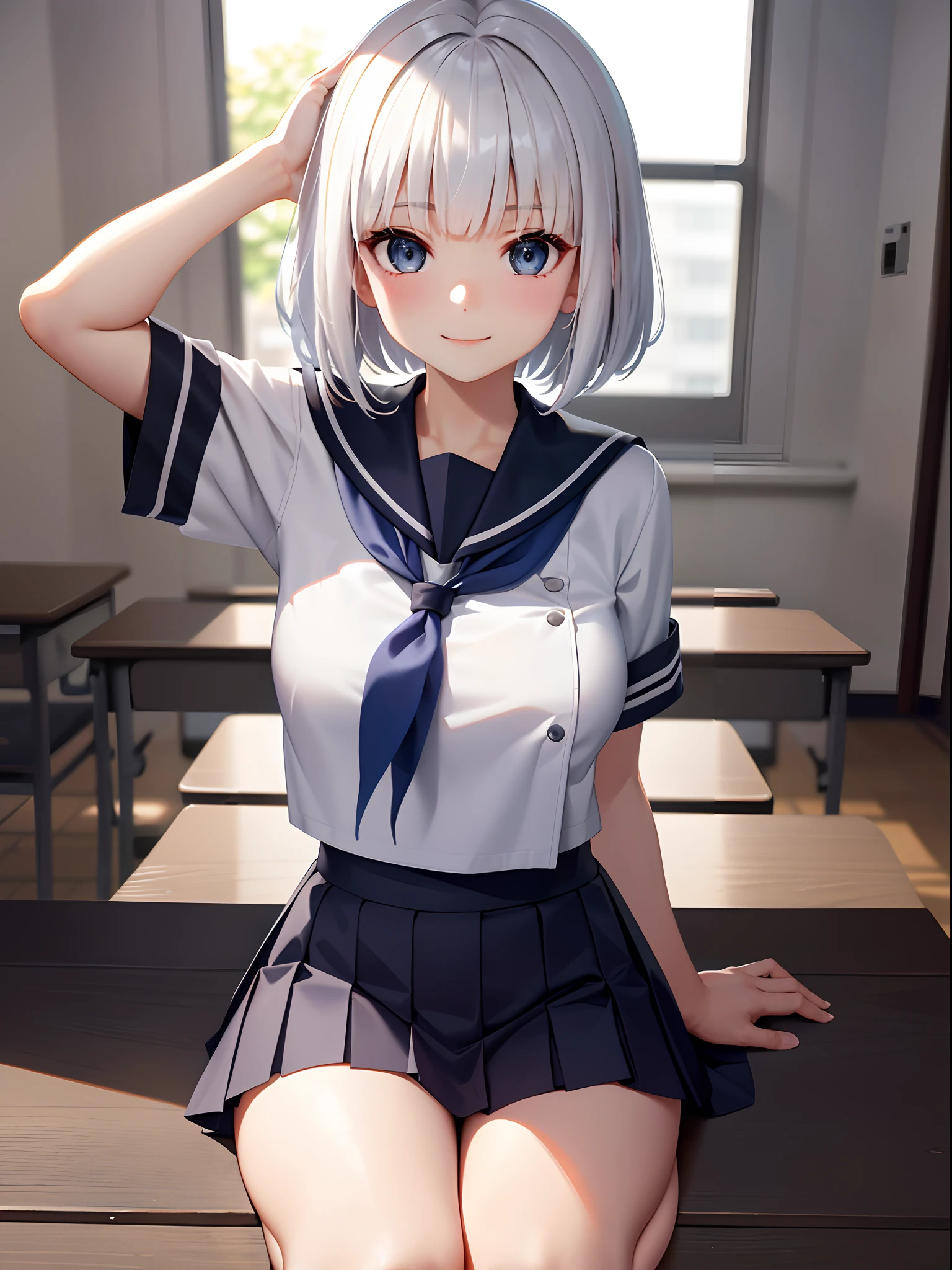 Hands on the crotch。ahegao silly / Sexual ecstasy)、appreciate、Bow、Seiza, (Solo: 1.3), (Illustrations: 1.3), (Best Quality: 1.3), (outline: 1.2), (official concept art: 1.2), (dynamic pose and angle: 1.6), (Looking at Viewer: 1.4), (4k wallpaper: 1.2), (limited tone: 1.8), (Cinematic Light: 1.2), (nffsw: 1.1), (all intricate: 1.2), (Flat color: 1.7), (In the classroom: 2.0),
(Beautiful detailed eyes: 1.5), tareme,
18 years old, (Smile: 1.5),
bob cuts、Blunt bangs, Straight hair, Floating hair, (Navy Blue Sailor Scarf: 1.3),
Large breasts,
Take off your uniform, (White Seravuk and long-sleeved shirt: 1.3), 鎖骨, Pleated skirt, Sailor collar, lowfers,