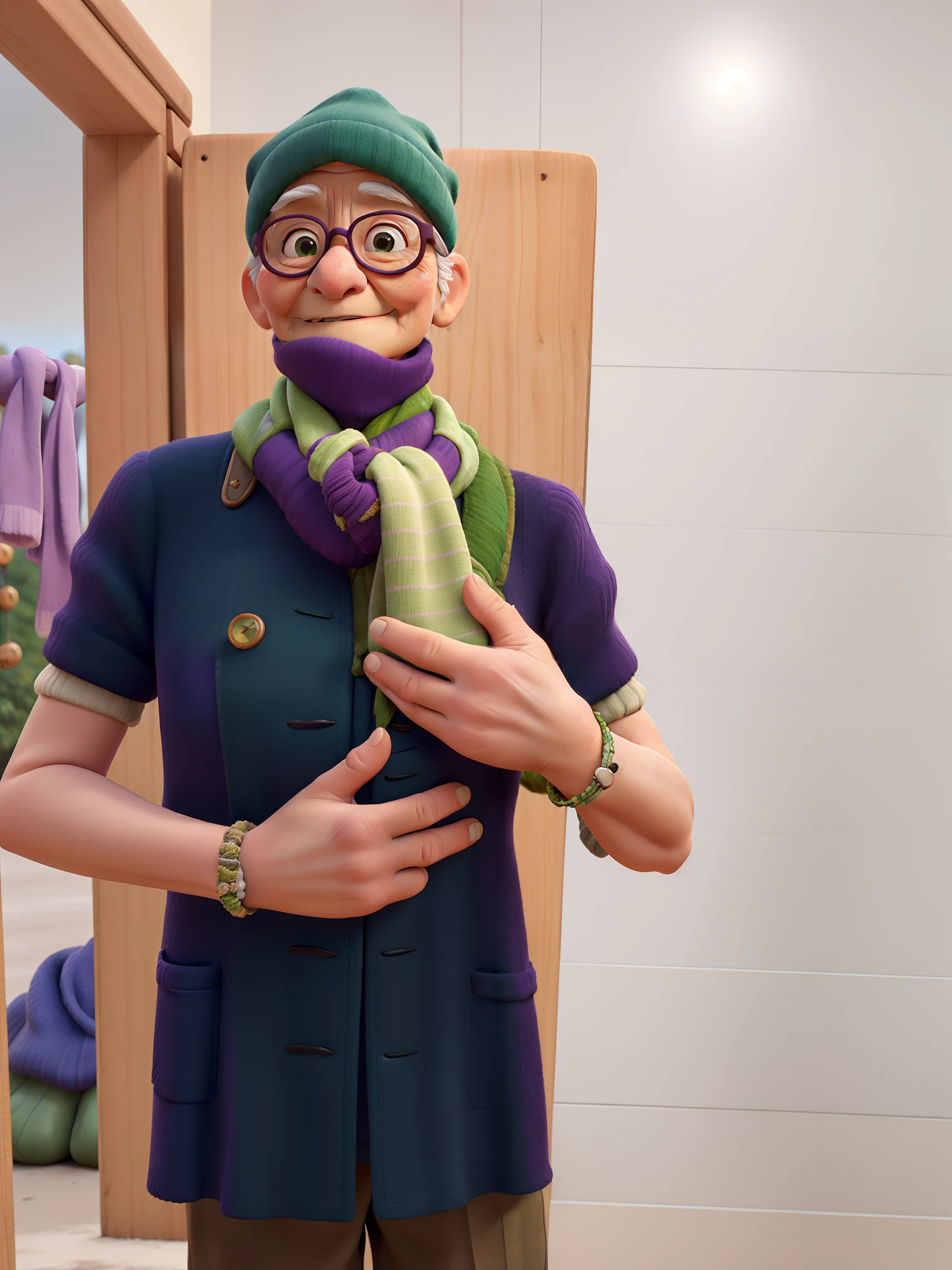 masterpiece, best quality, an old woman with glasses and a scarf on, wearing a purple coat and green scarf, standing at the park