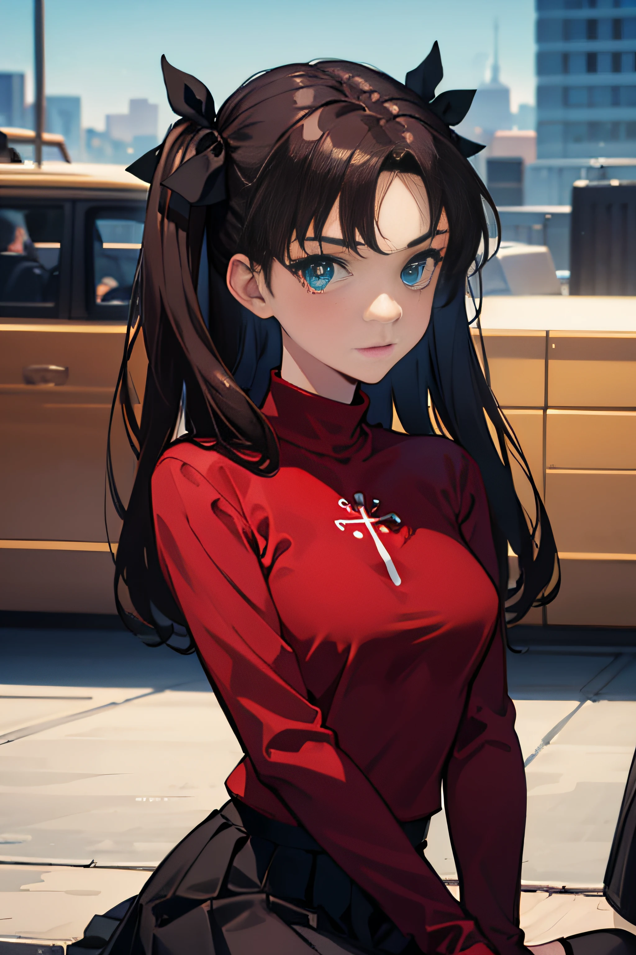 (masterpiece), best quality, expressive eyes, perfect face, 1girl, solo, rintohsaka, rin tohsaka, aqua eyes, black hair, hair ribbon, long hair, ribbon, sidelocks, two side up, black skirt, black thighhighs, long sleeves, miniskirt, pleated skirt, ((red sweater)), skirt, sweater, thighhighs, turtleneck, city background, sitting, character sheet, upper body, portrait, looking at viewer