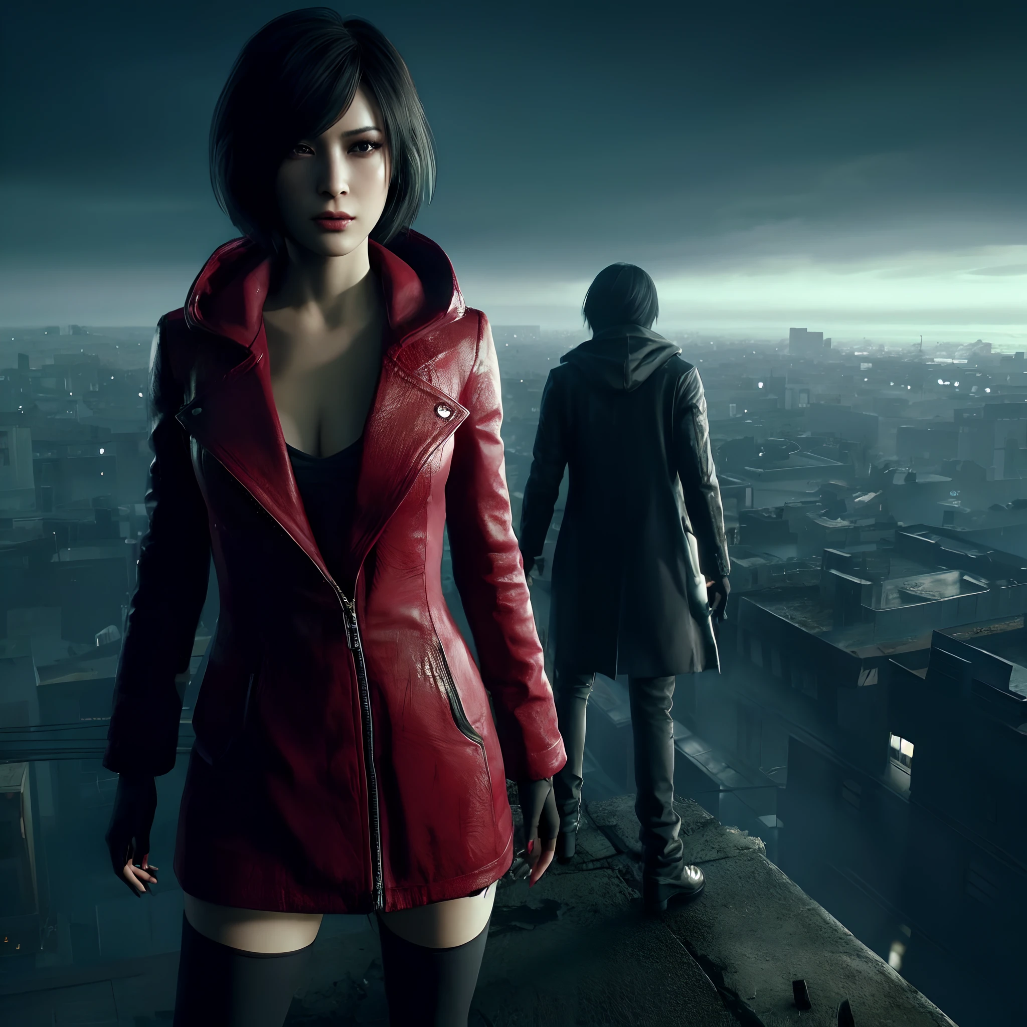 HD, ada wong, beautiful face, bob hair, red coat with black nail polish, glare, holding a gun