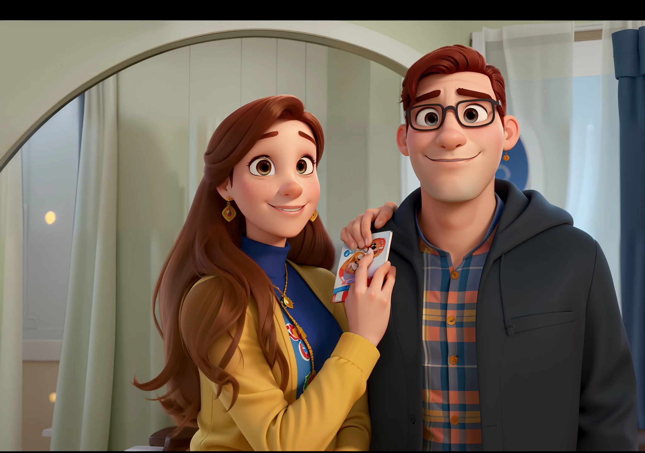 Casal (homem moreno e mulher branca) no estilo Disney Pixar, alta qualidade, melhor qualidade.