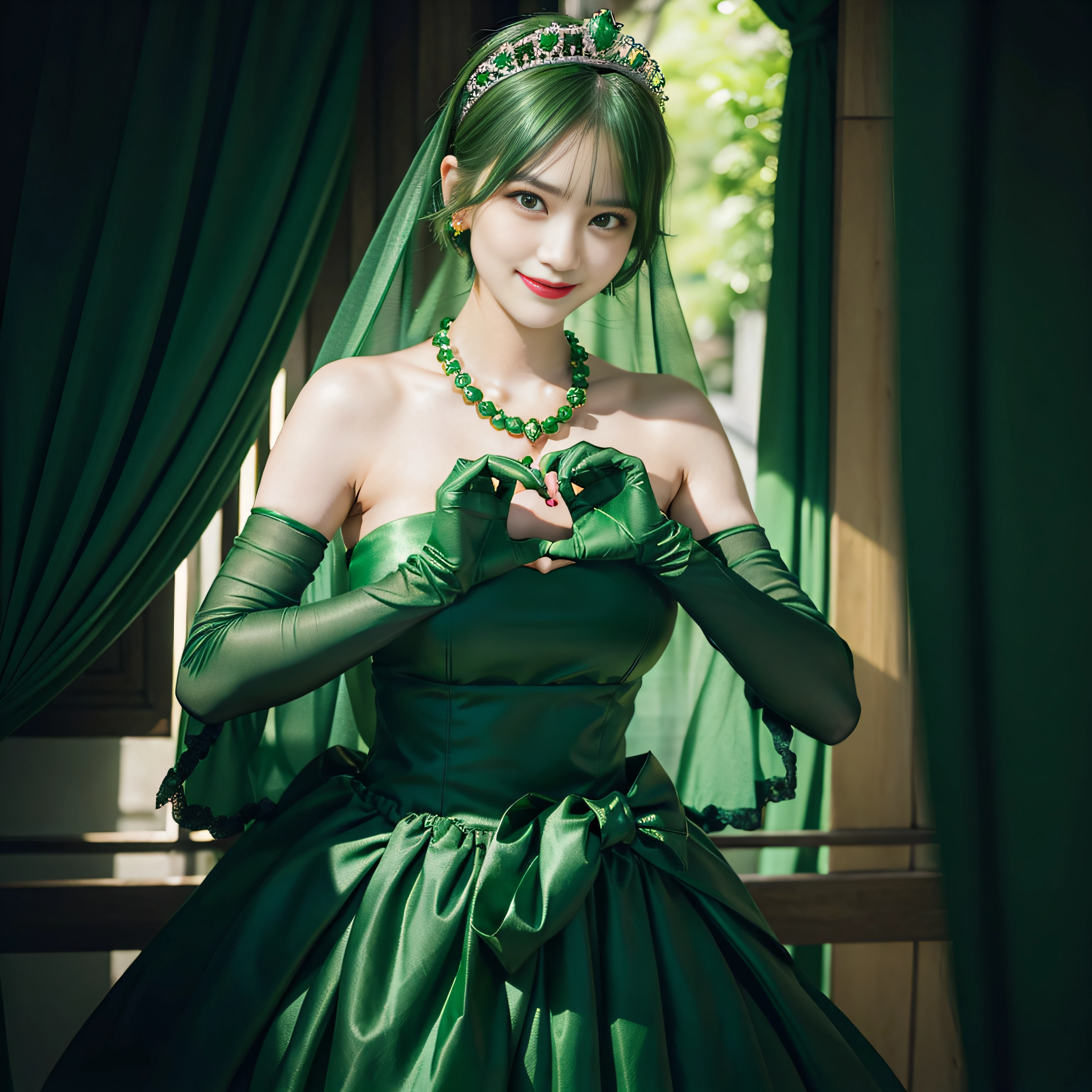 emerald tiara, Green Pearl Necklace, Boyish very short green hair, lipsticks, Japan woman smiling, very short short hair,  big breasts beautiful, Green eyes, Long green gloves made of satin material, Green eyes, Emerald Earrings, green vale, Heart with both hands