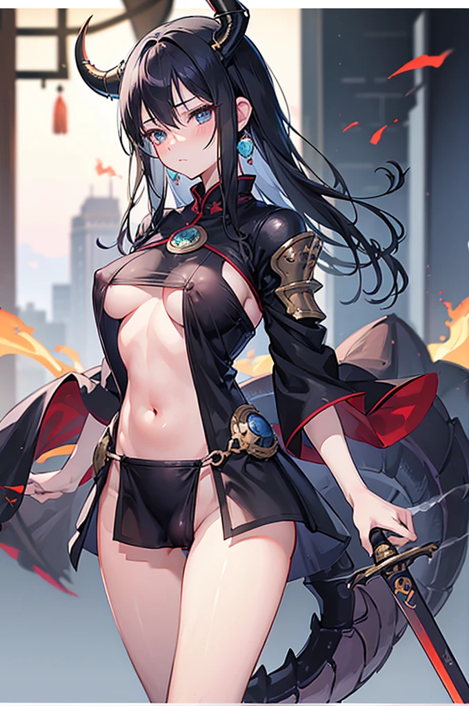 1 girl, black hair, straight hair, blue eyes, small eyes, turime, mature face, see-through, big breasts, cameltoe, no panties, blurry background, blushed, pepperoni nipples, erect nipples, dancing, areola slip, look down, ((dragon horn)), sword, flame, shadow, ashes, armor, dawn, lingerie