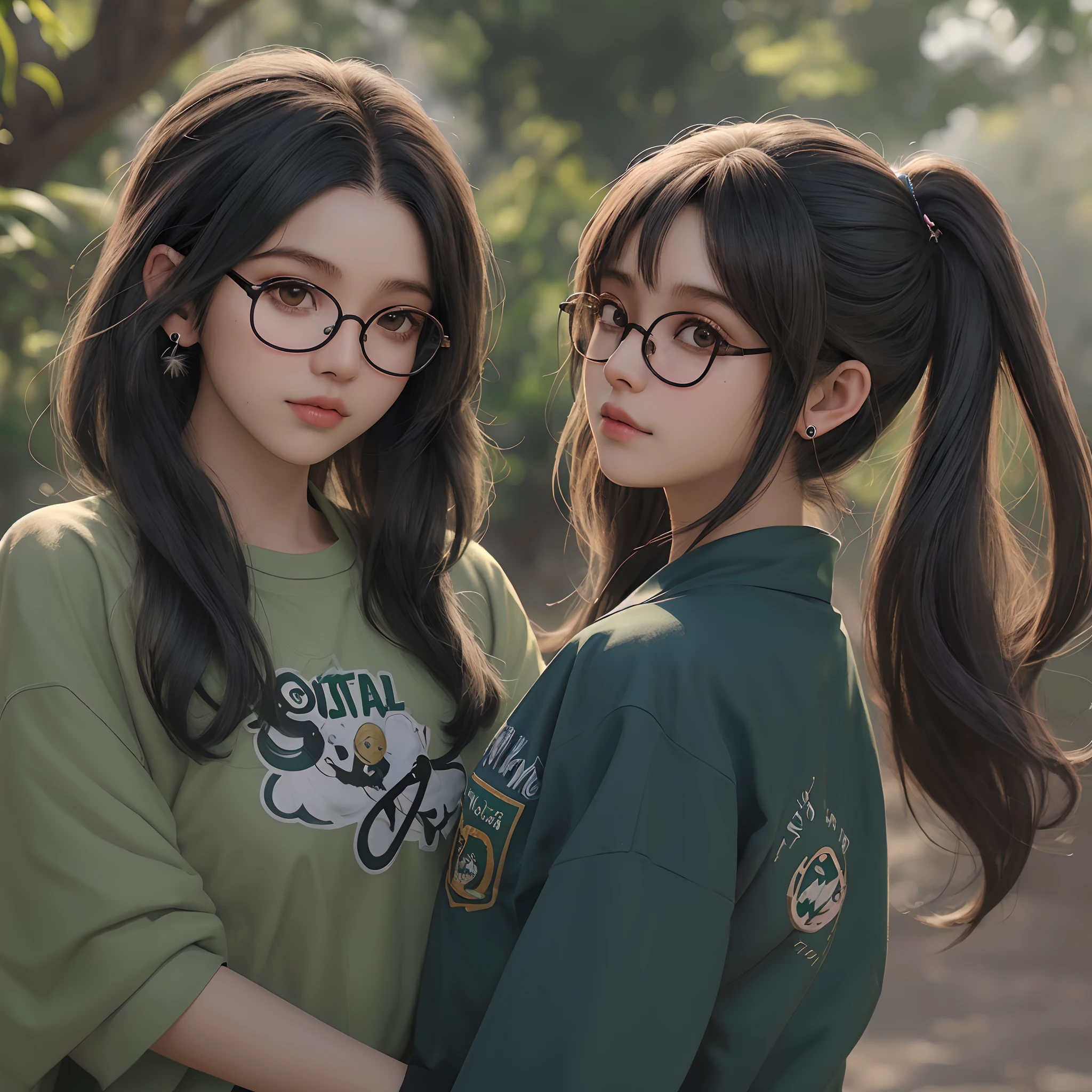 Rapariga, cabelos escuros, cabelos longos, cabelos coque, 8k, anime, master part, Prescription Glasses, roupa moletom, roupa verde, 1girl, pele branca, brincos orelhas, sardas,  alta qualidade