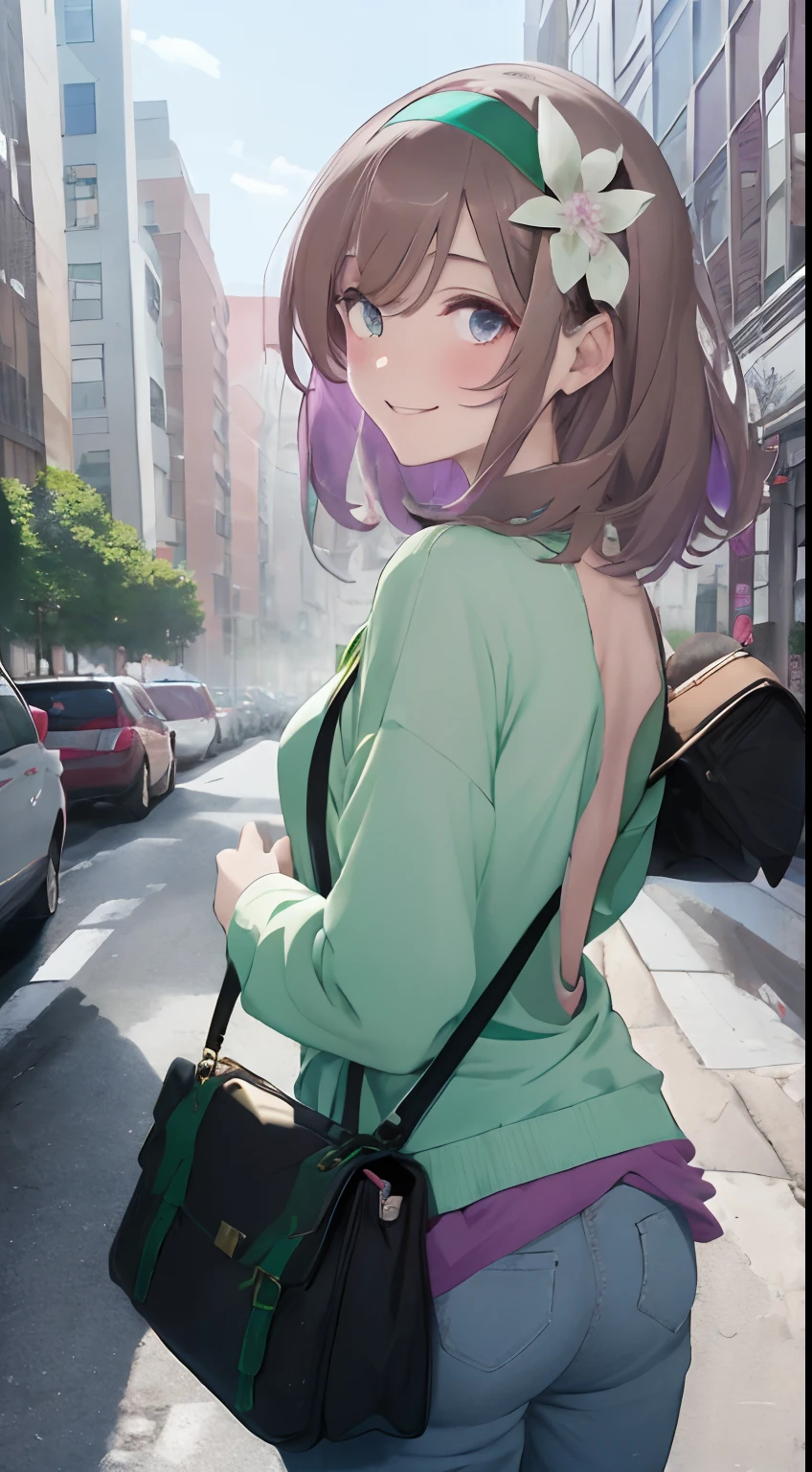 In a city lined with skyscrapers,Buildings of distant tourist attractions, The main color of fluffy is a mixture of light purple and brown,Fluffy shorthair,Green eyes,Denim Pants Style,Hold the guide map with one hand,The other hand is facing forward,Sheer green and yellow striped shirt,Light blue,A black,red and white,Long sleeves with a sense of transparency,Clothes are out of place,Hair Band,Boston Bag&Carry Bag,SEX,AHE Face,The back is visible,Pulling up your hair,Point your finger while turning, It has a lustful look,Smile on his face,Pleasant look,Sleepy face,heart mark,Smokexxx,red tide,