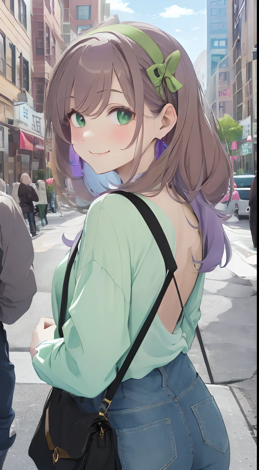 In a city lined with skyscrapers,Buildings of distant tourist attractions, The main color of fluffy is a mixture of light purple and brown,Fluffy shorthair,Green eyes,Denim Pants Style,Hold the guide map with one hand,The other hand is facing forward,Sheer green and yellow striped shirt,Light blue,A black,red and white,Long sleeves with a sense of transparency,Clothes are out of place,Hair Band,Boston Bag&Carry Bag,SEX,AHE Face,The back is visible,Pulling up your hair,Point your finger while turning, It has a lustful look,Smile on his face,Pleasant look,Sleepy face,heart mark,Smokexxx,red tide,