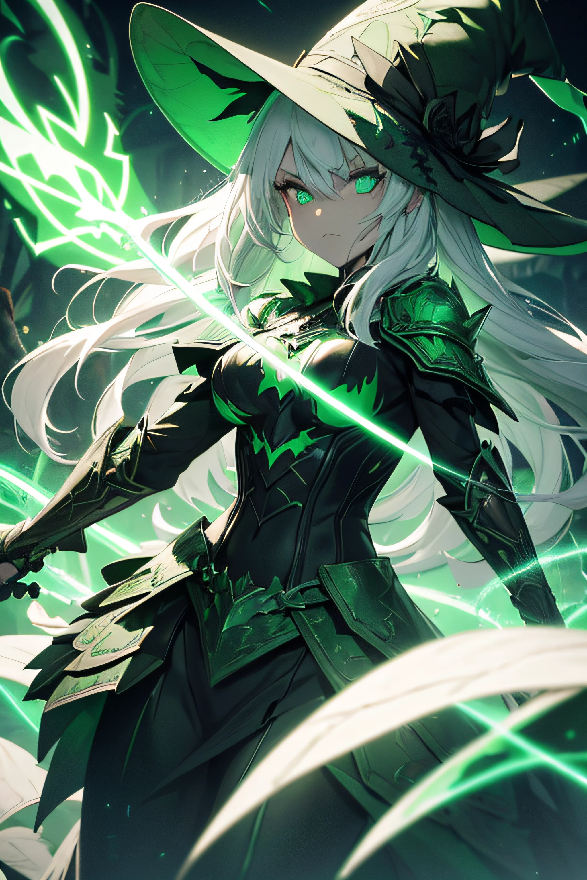 (a man in green armor,a neon sword,white hair,a green witch hat, Halloween theme with pumpkins, detailed bats in red, HD)> (best quality,4k,highres,masterpiece:1.2),ultra-detailed,realistic> (portraits,horror,concept artists)> (green materials,3D renderings)> (detailed armor pieces, shiny surface, intricate engravings)> (fierce expression, glowing eyes)> (with menacing aura, dark background)> (green fog, eerie atmosphere)> (white hair flowing in the wind)> (green witch hat with spider web patterns)> (Halloween decorations, pumpkins, candles)> (detailed bats with vibrant red wings)> (reflective surface on the sword, neon glow)> (subtle shadows emphasizing the details)> (vivid colors, saturated greens and deep reds)> (dramatic lighting, focused on the character)>